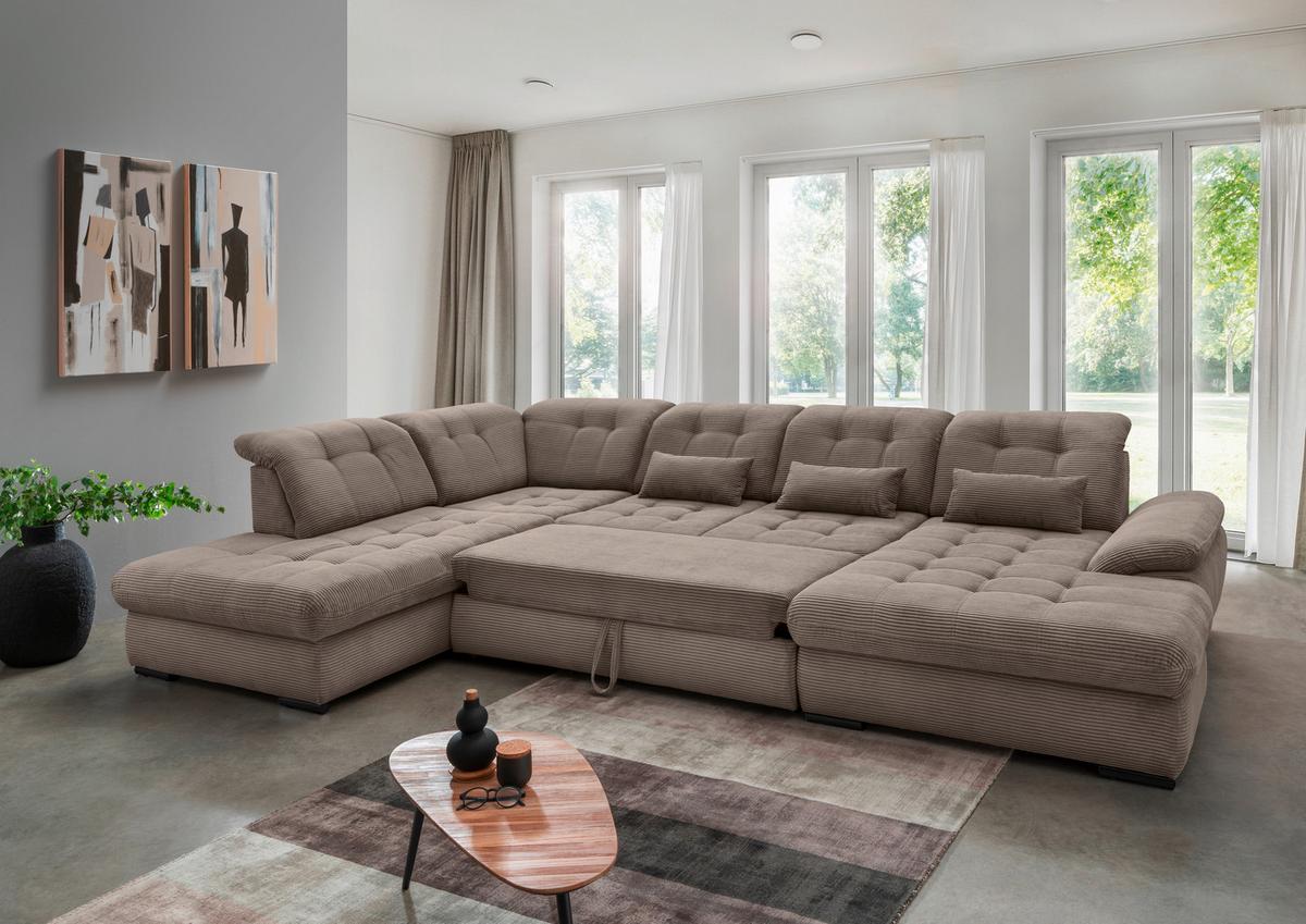 Wohnlandschaft Rigatti Grau- Braun Cord mit Bettkasten - Graubraun/Schwarz, MODERN, Textil/Metall (252/387/184cm) - Livetastic