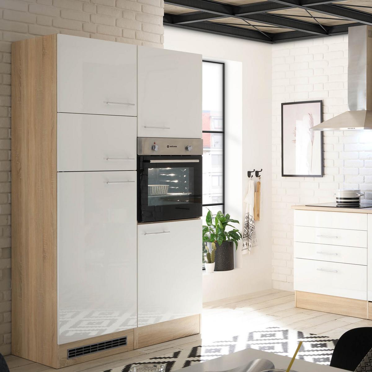 Küchenblock Laurel mit Geräten ca. 310 cm Weiß/Eiche - Silberfarben/Weiß, MODERN, Holzwerkstoff/Metall (310cm) - P & B