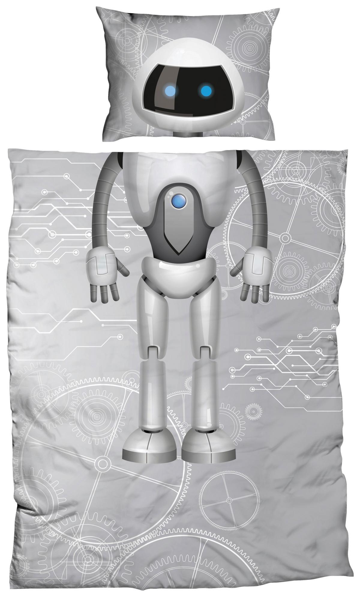 Ágyneműhuzat-garnitúra Robot - fehér/szürke, Design, textil (140/200cm)