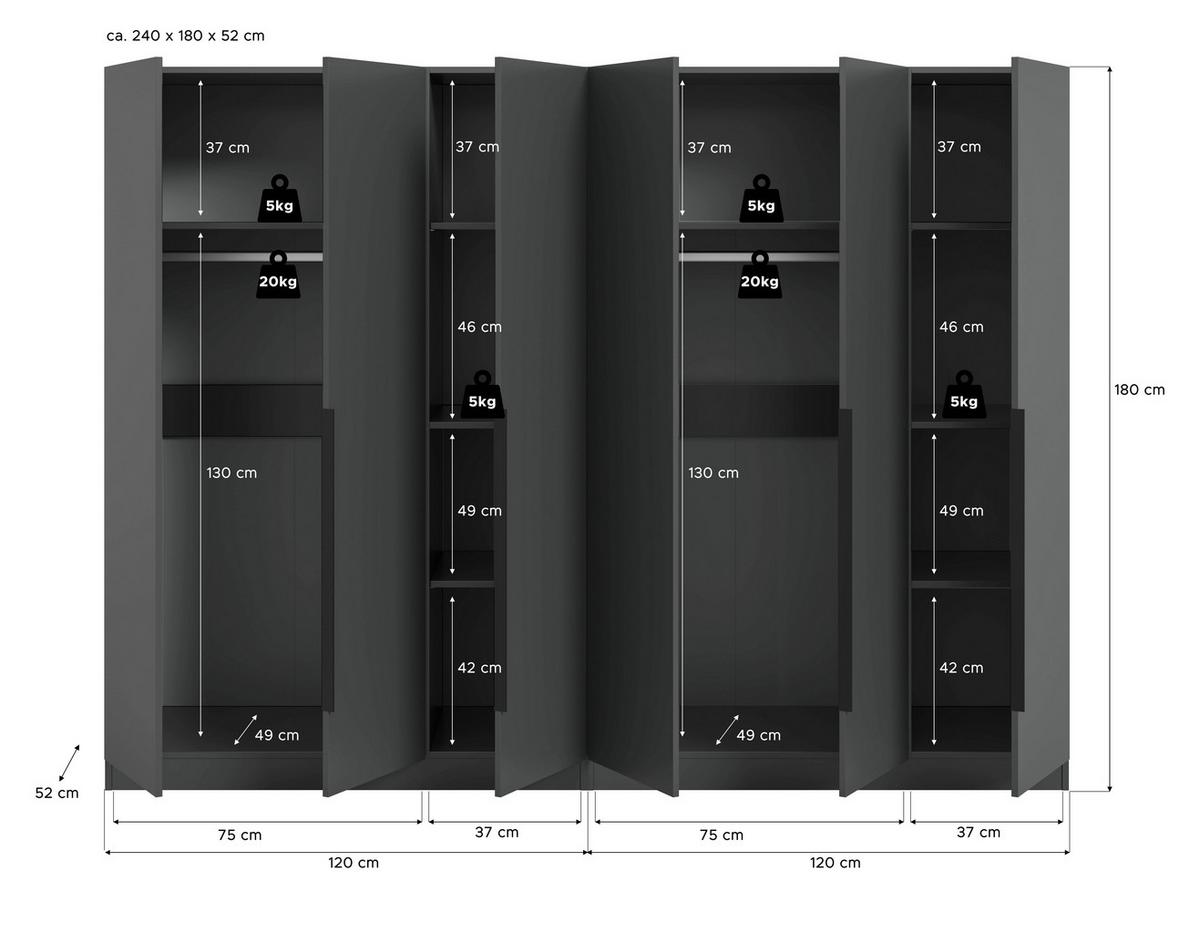 Drehtürenschrank KOPENHAGEN ca.240x181x52cm Anthrazit - Anthrazit/Schwarz, MODERN, Holzwerkstoff/Kunststoff (240/181/52cm) - MID.YOU