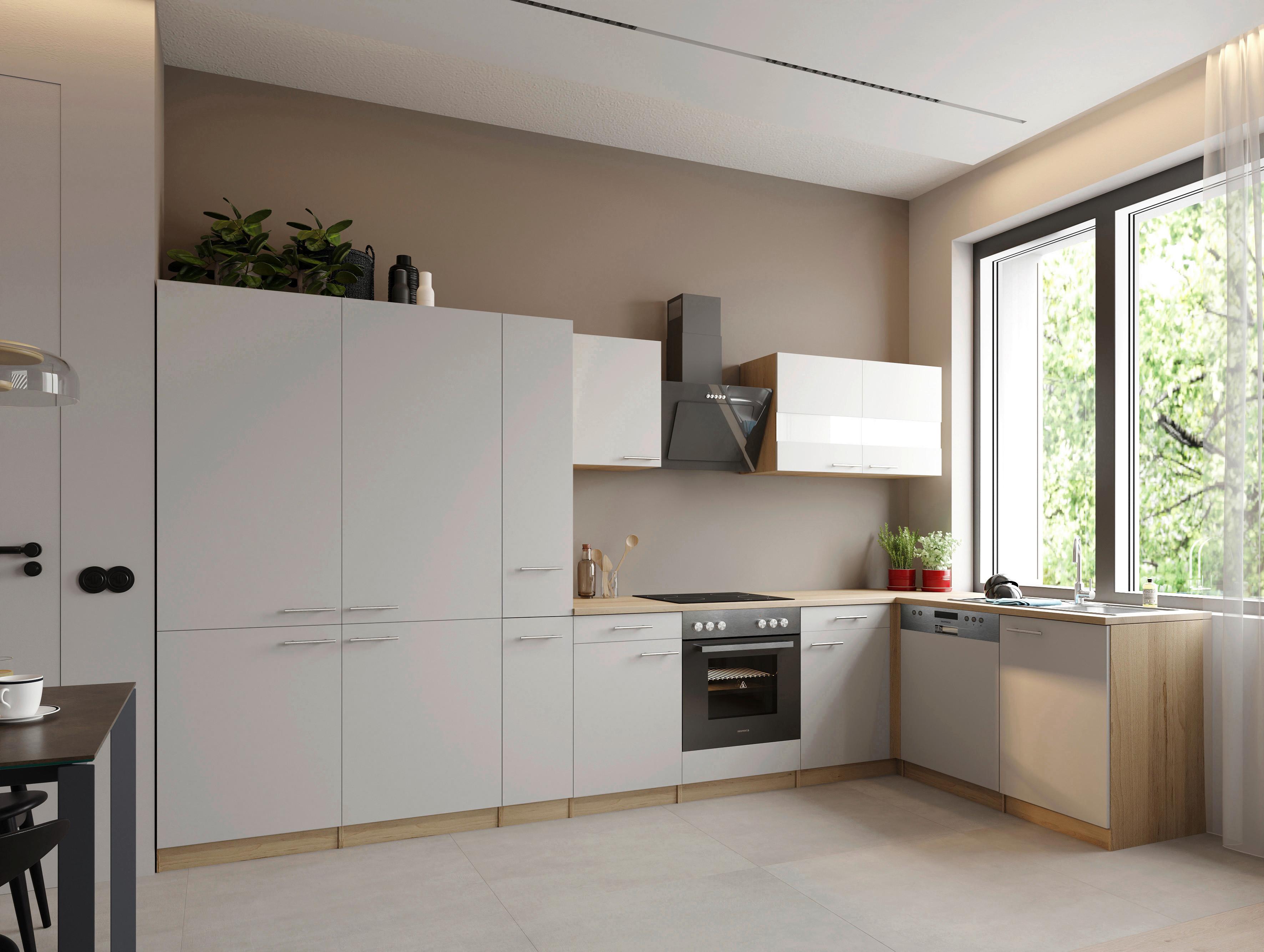 Eckküche Merle m. Geräten ca. 370x172cm Weiß - Edelstahlfarben/Eichefarben, Trend, Holzwerkstoff/Metall (370/172cm) - Respekta