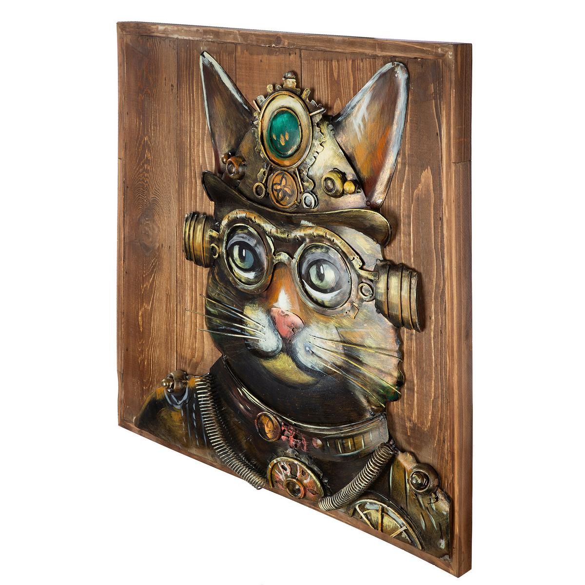 Metallbild Steampunk Cat Braun/Hellbraun - Hellbraun/Braun, Basics, Holz/Metall (50/50/5,5cm)
