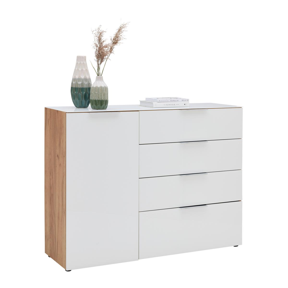 Sideboard Oakland in Weiß/Eichefarben - Chromfarben/Eichefarben, MODERN, Glas/Holzwerkstoff (134/102/42cm) - Premium Living