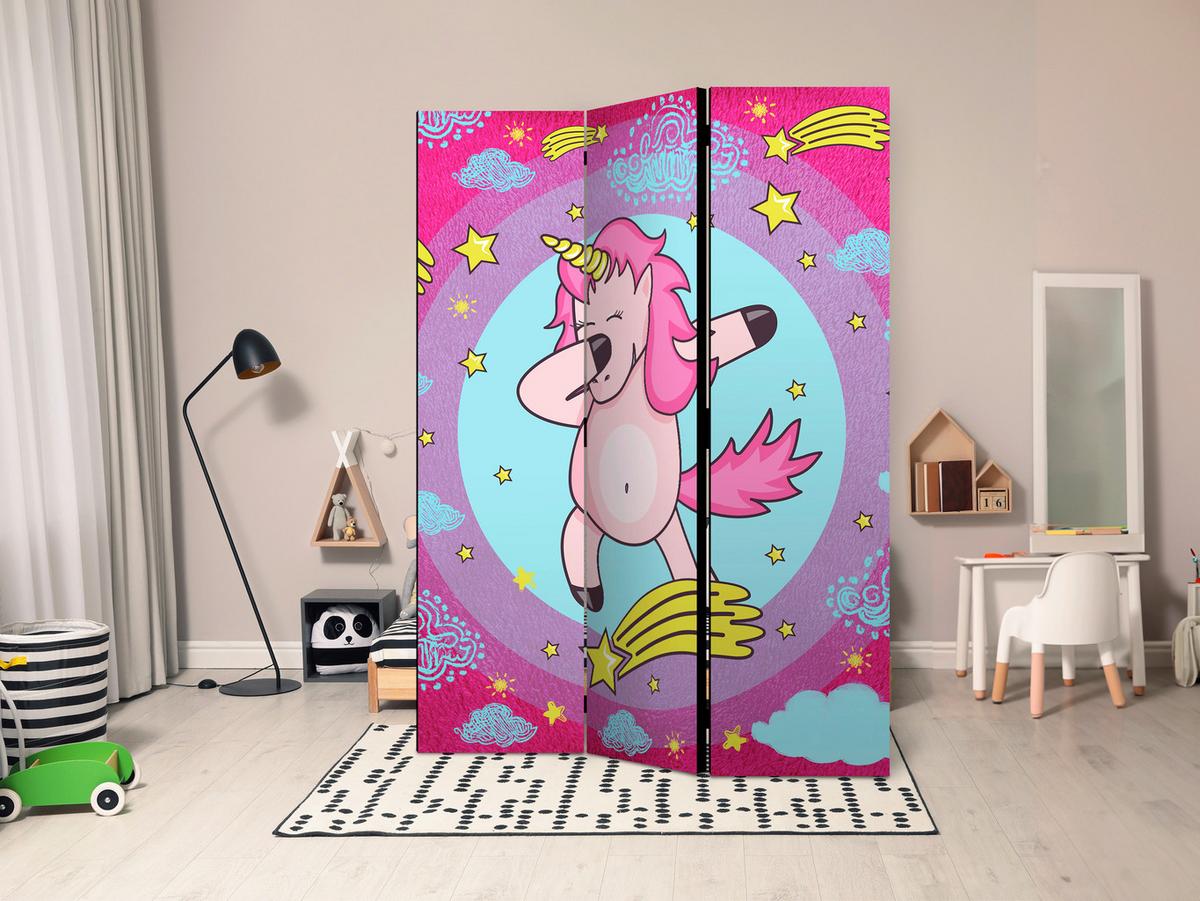 Paravan Dancing Unicorn, 3-Delni, Dvostranski - pink/svetlo modra, Basics, tekstil/les (135/172/3cm) - artgeist