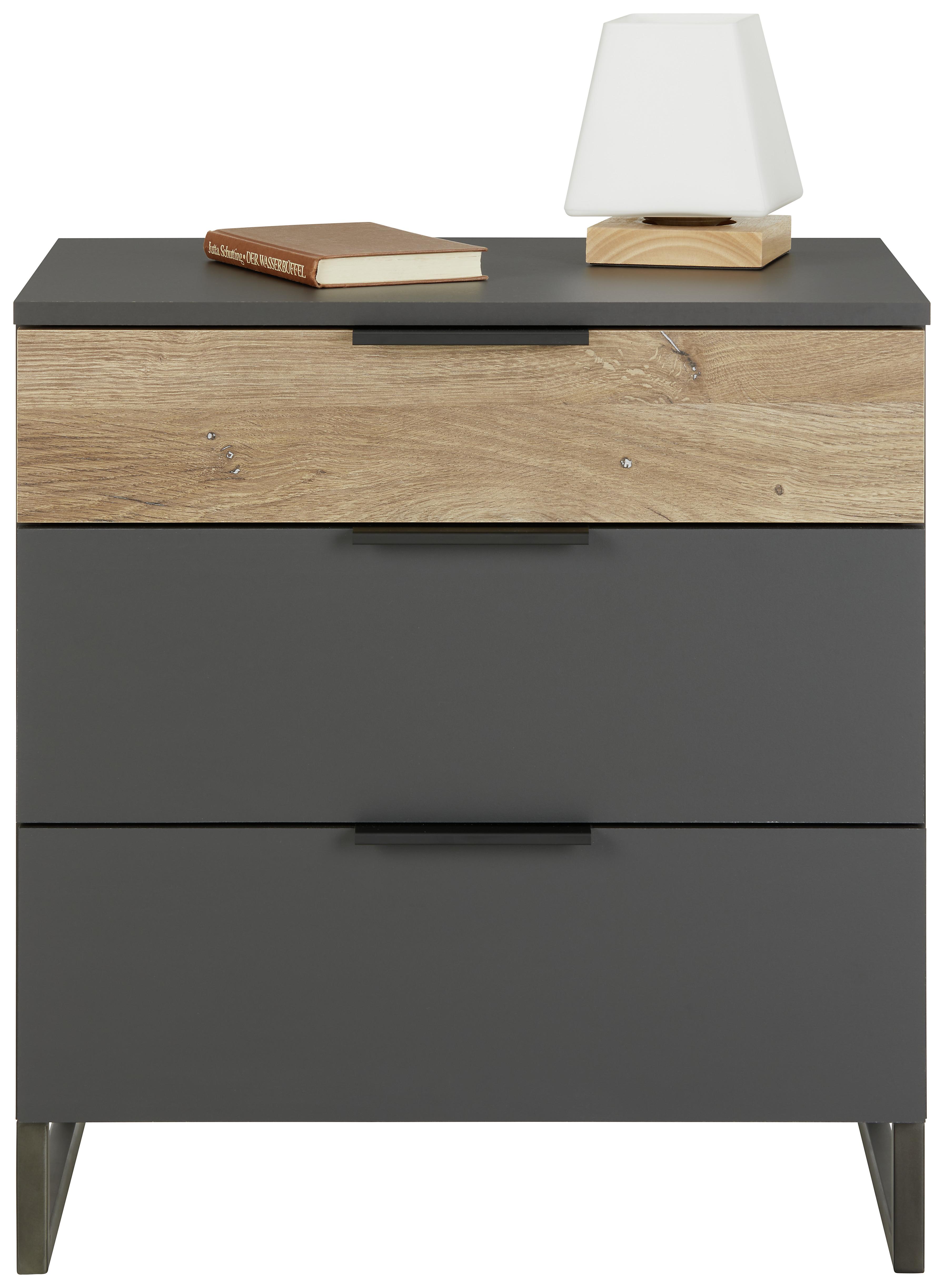 Nachtkästchen in Graphitfarben/Eichefarben - Eichefarben/Graphitfarben, Modern, Holzwerkstoff/Metall (58/64/41cm) - Premium Living