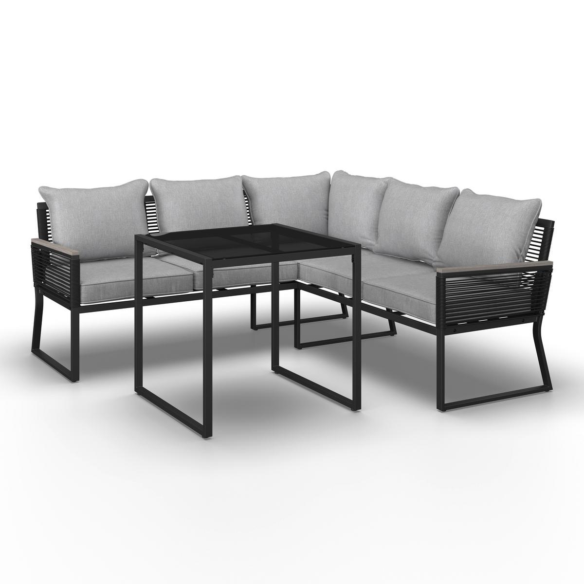 Dining-Loungeset Paulina Hellgr. Metall/Textil +Abdeck. - Hellgrau/Schwarz, Modern, Glas/Kunststoff (181/73/65cm) - Bessagi Garden