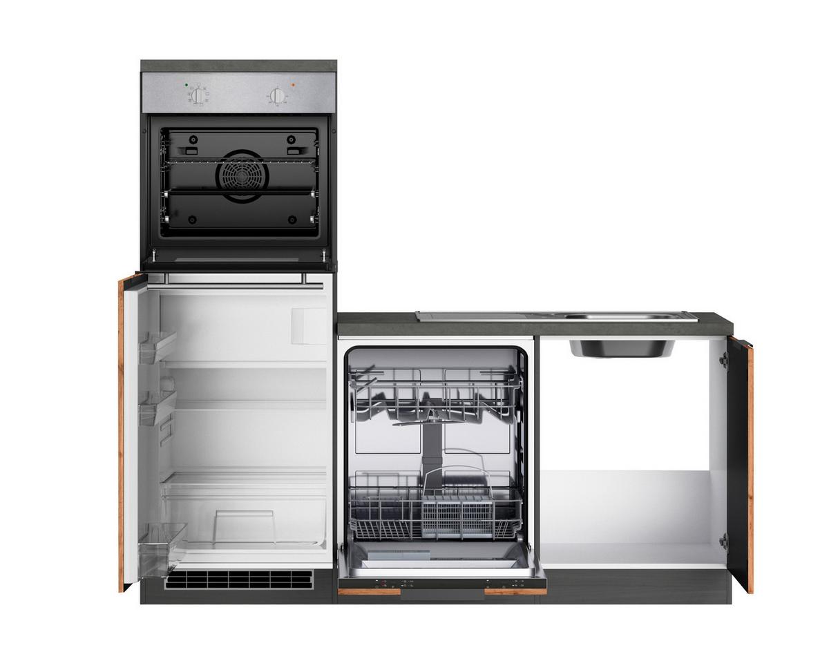 Eckküche Liverpool AT m. Geräten ca. 240x240cm Eiche - Schieferfarben/Eiche Wotan, Basics, Holzwerkstoff/Metall (240/240cm) - Held