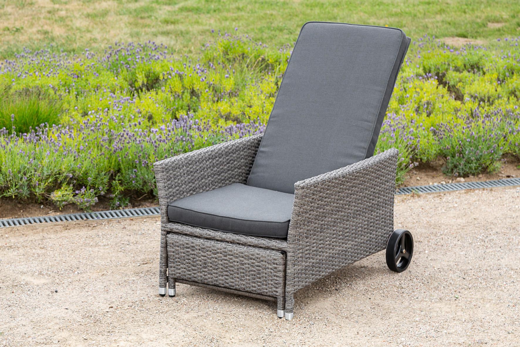Gartenliege Komfort mit Auflage, Rollen + Fußhocker - Dunkelgrau/Grau, KONVENTIONELL, Kunststoff/Textil (68/105/175cm) - Gardenson