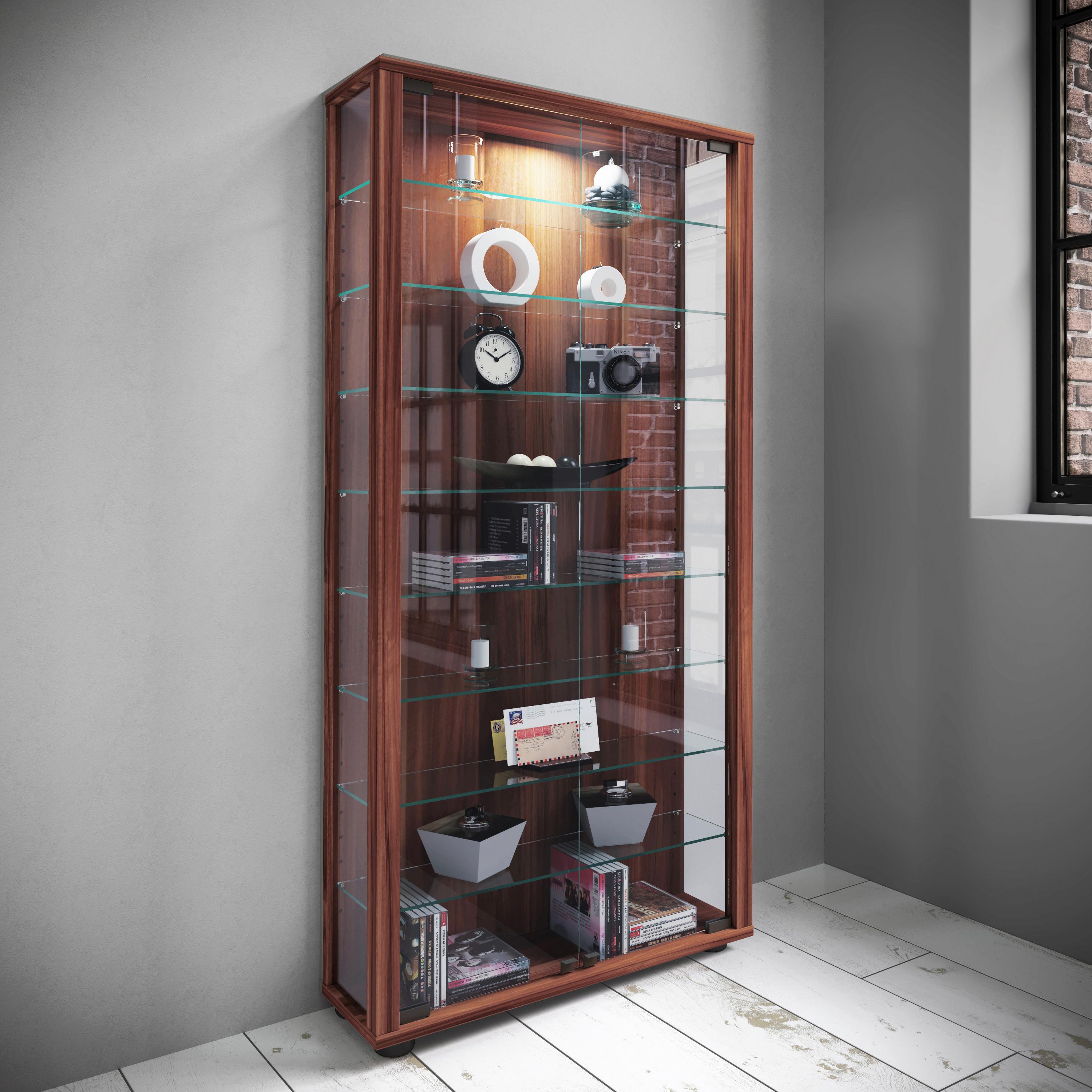 VITRINE LUMO MAXI - Nussbaumfarben/Schwarz, Design, Glas/Holzwerkstoff (59/113/18cm) - MID.YOU