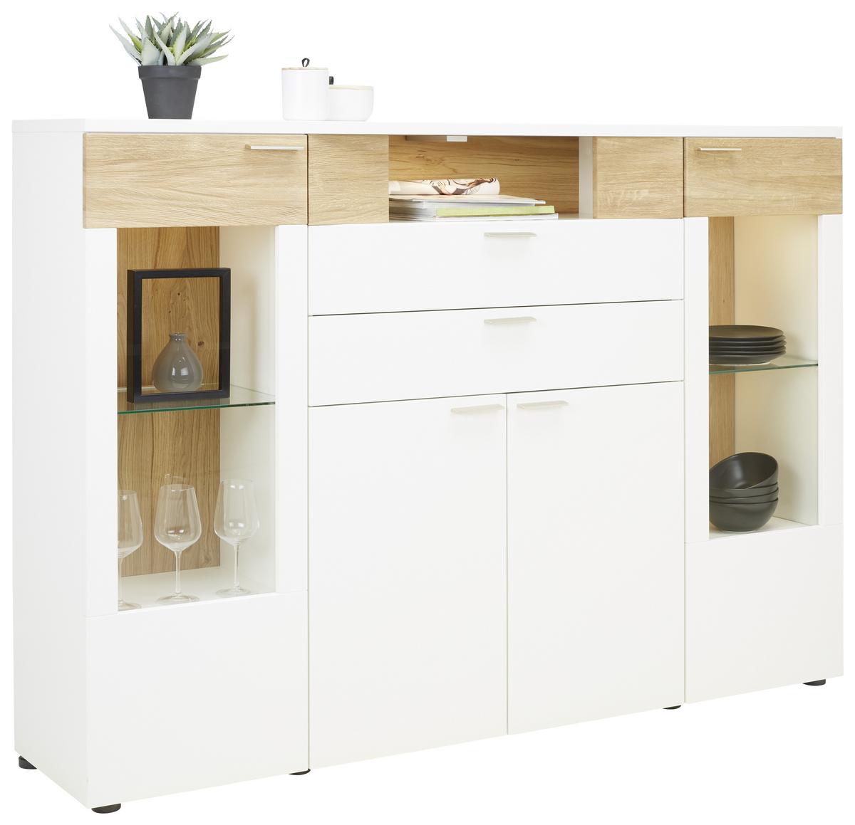 Highboard aus Eiche teilmassiv - Weiss/Edelstahlfarben, Modern, Glas/Holzwerkstoff (180/132/40cm) - Premium Living