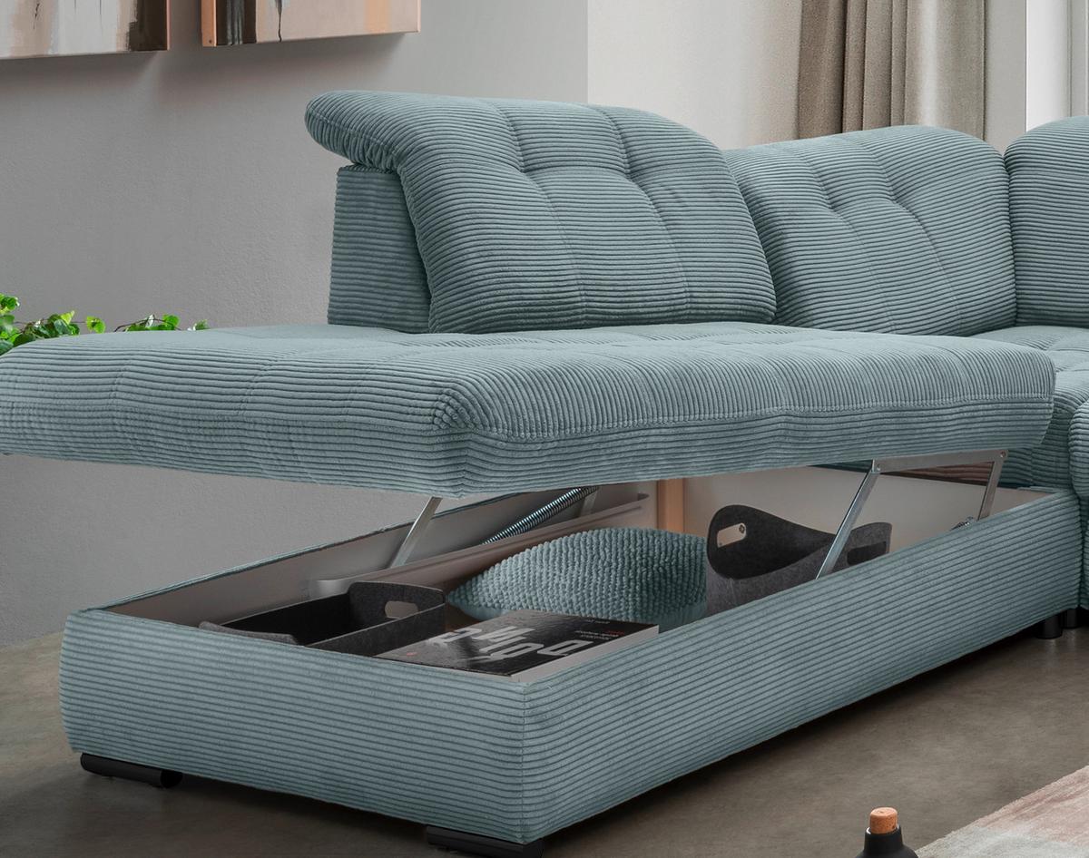 Wohnlandschaft Rigatti Hellblau Cord mit Bettkasten - Schwarz/Hellblau, MODERN, Textil/Metall (252/387/184cm) - Livetastic