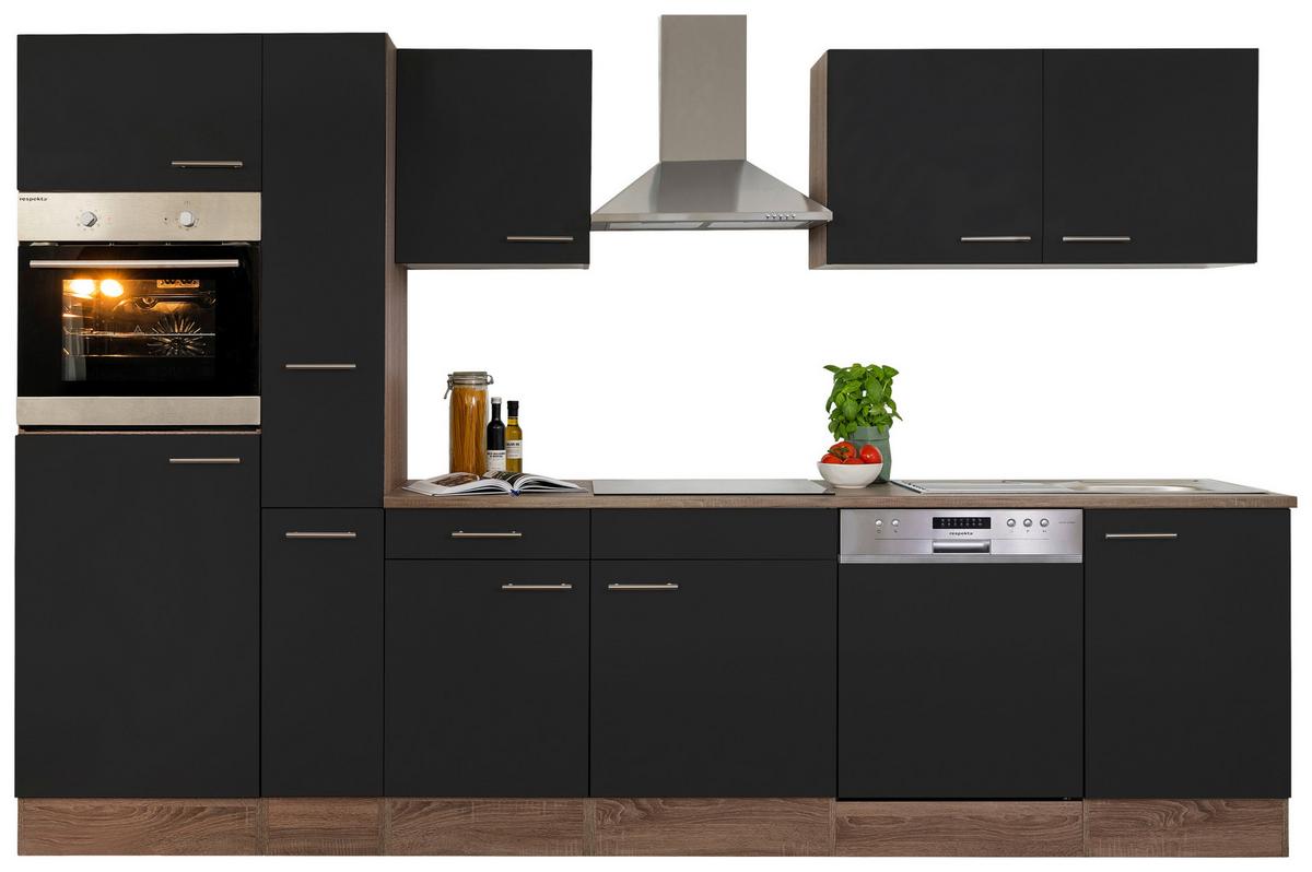 Küchenzeile mit Geräte Schwarz /Eiche Dekor B: ca. 310 cm - Edelstahlfarben/Eichefarben, Design, Holzwerkstoff/Metall (310cm) - Respekta