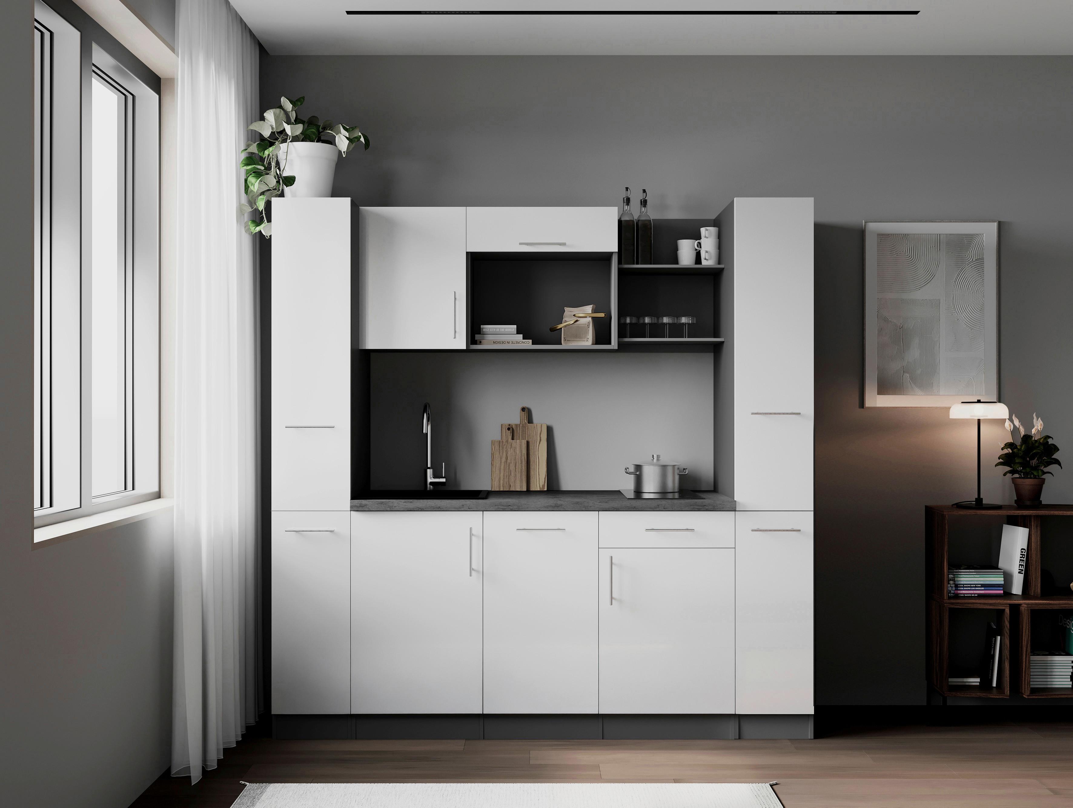 Küchenblock Oliver m. Geräten Weiß - Weiß/Grau, Trend, Holzwerkstoff/Metall (205cm) - Respekta