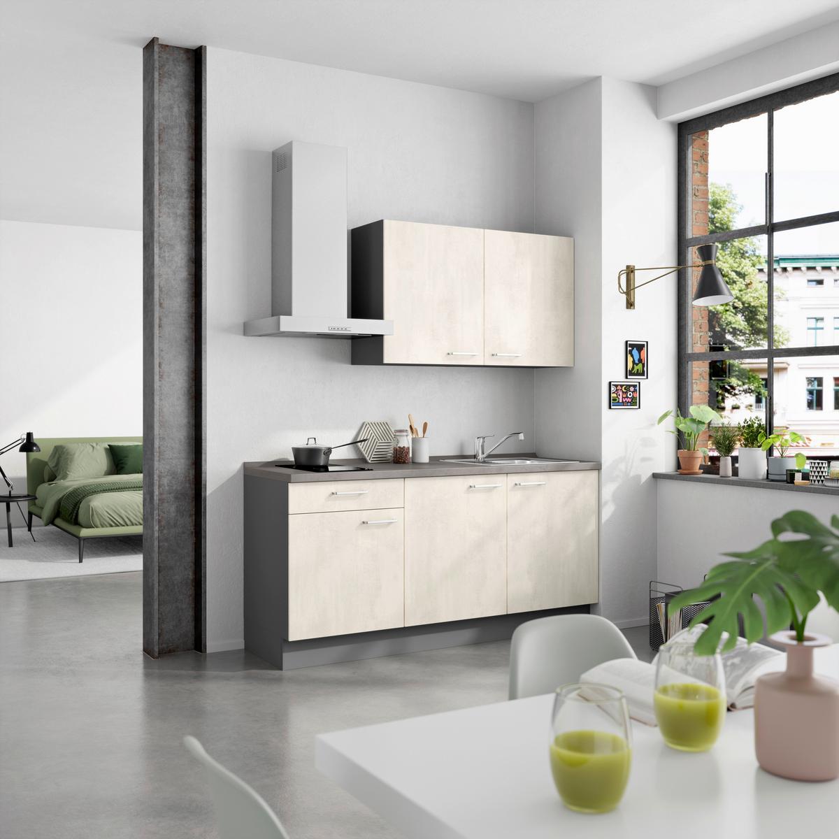 Küchenblock Riva Low m. Geräten Weiß - Schieferfarben/Edelstahlfarben, MODERN, Holzwerkstoff/Metall (180cm) - Nobilia