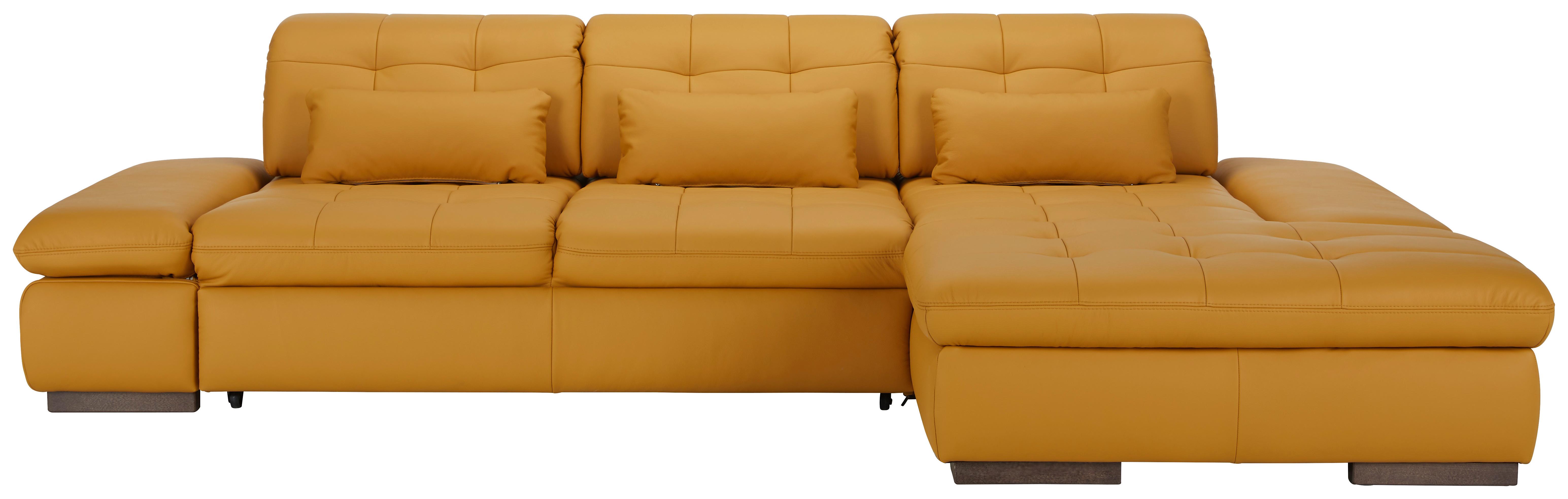 Wohnlandschaft Sanfino in Gelb mit Bettfunktion - Currygelb/Chromfarben, KONVENTIONELL, Leder/Metall (305/199cm) - Premium Living