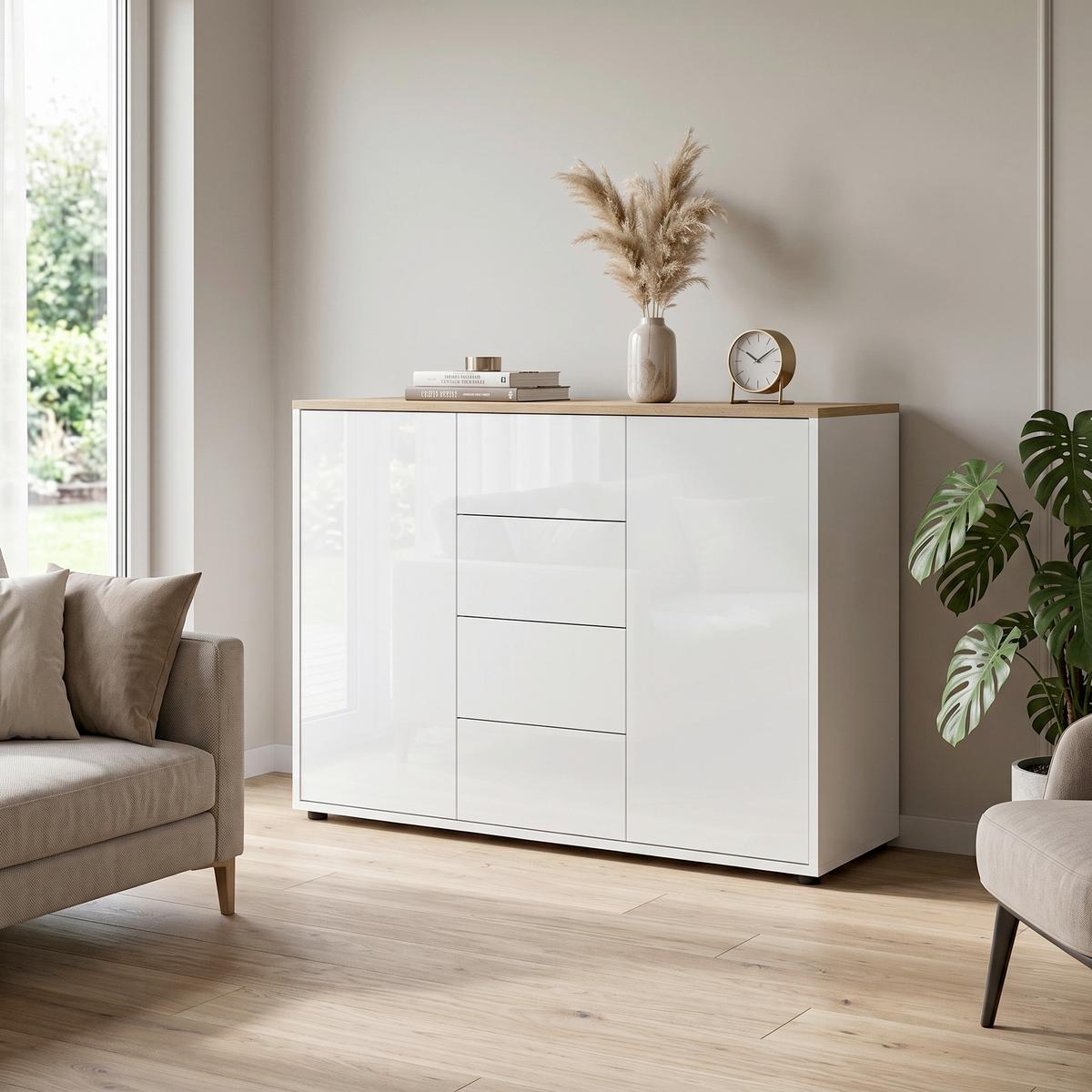 Kommode Mailand Typ 11 Weiß/Eiche - Weiß Hochglanz/Schwarz, MODERN, Holzwerkstoff/Kunststoff (105,5/73/33cm) - MID.YOU