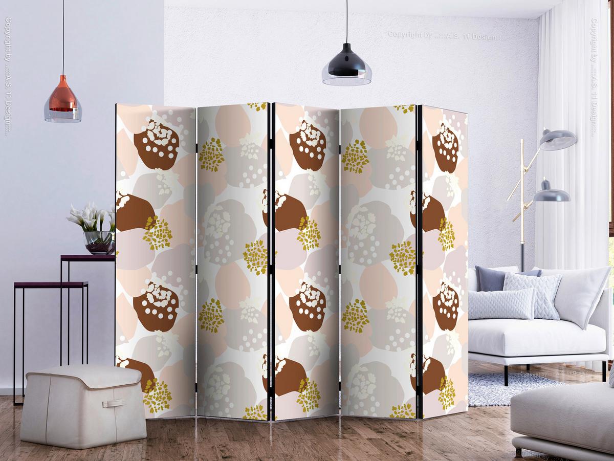 Paravan Stains I, 5-Delni, Dvostranski - bela/rjava, Basics, tekstil/les (225/172/3cm) - artgeist