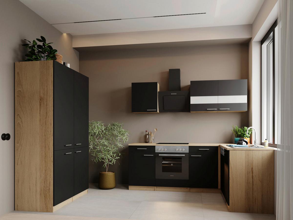 Eckküche Merle m. Geräten ca. 340x172cm Schwarz - Edelstahlfarben/Eichefarben, Trend, Holzwerkstoff/Metall (340/172cm) - Respekta