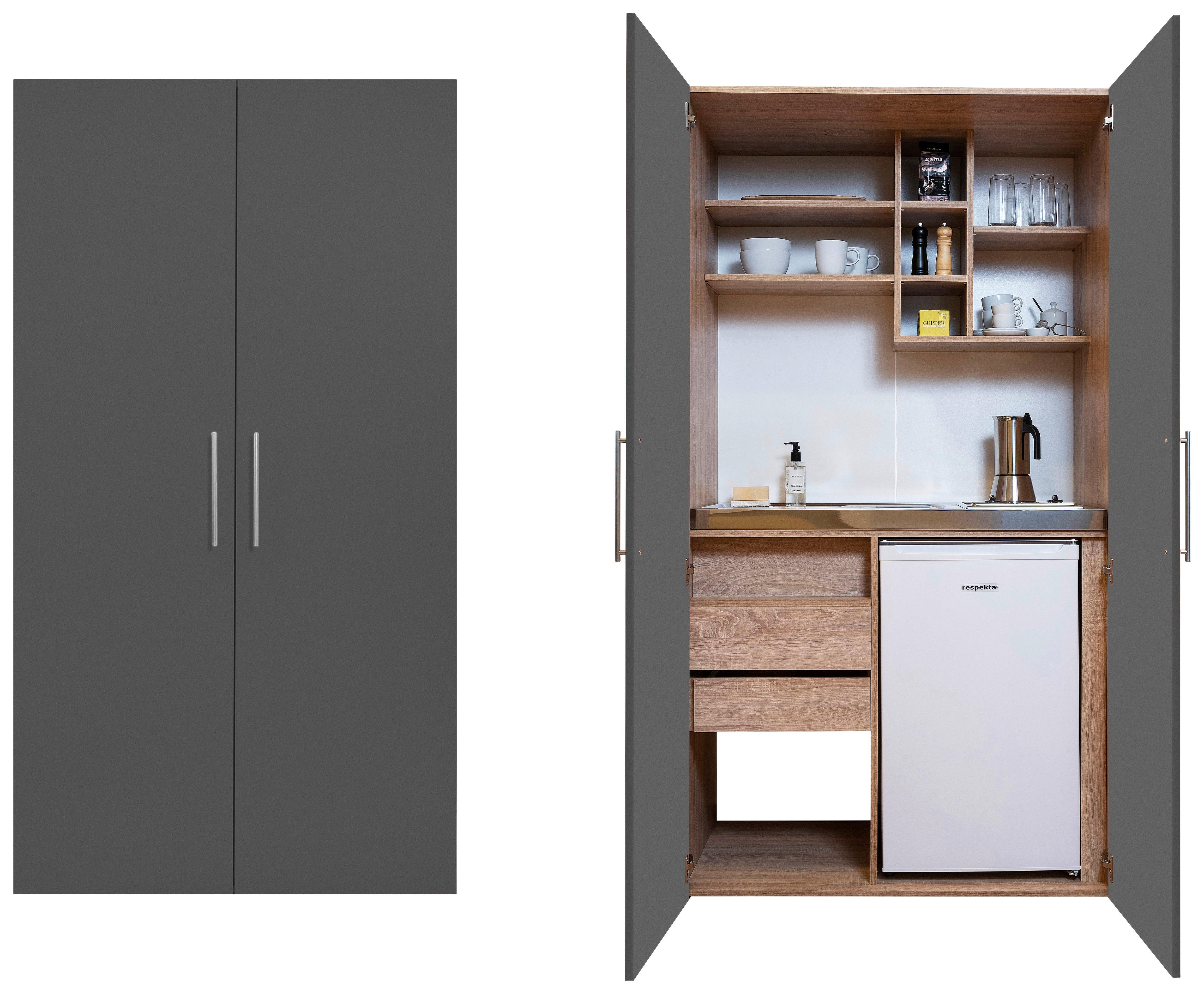 Schrankküche mit Kühlschrank + Kochfeld Grau B: ca. 104 cm - Edelstahlfarben/Eichefarben, KONVENTIONELL, Holzwerkstoff/Metall (104/193/67cm) - Respekta