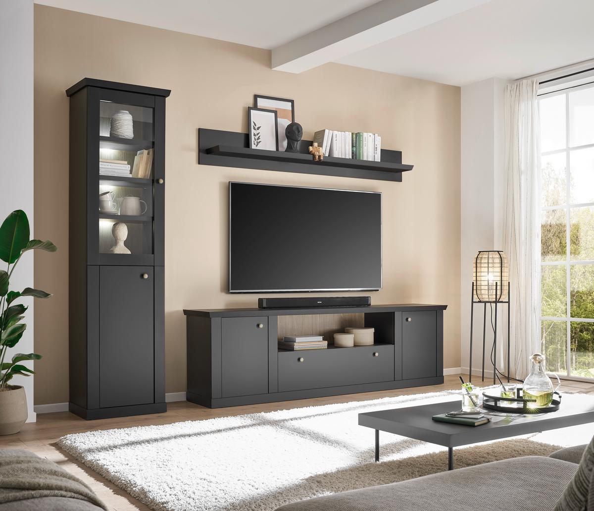Lowboard Lincoln Schwarz/Eichefarben - Eichefarben/Messingfarben, Design, Holzwerkstoff/Metall (205/62/42cm) - MID.YOU