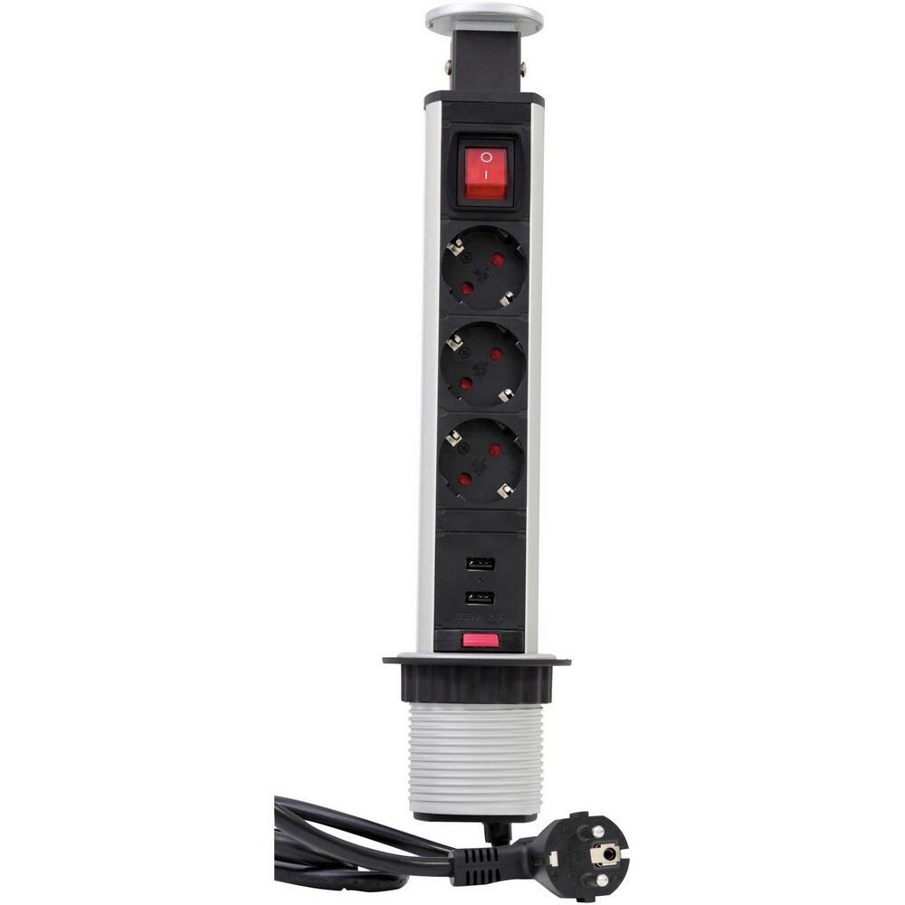 Asztali Nergiaoszlop 3 Dugalj+2 Usb - alumínium színű/antracit, műanyag/fém (6cm)