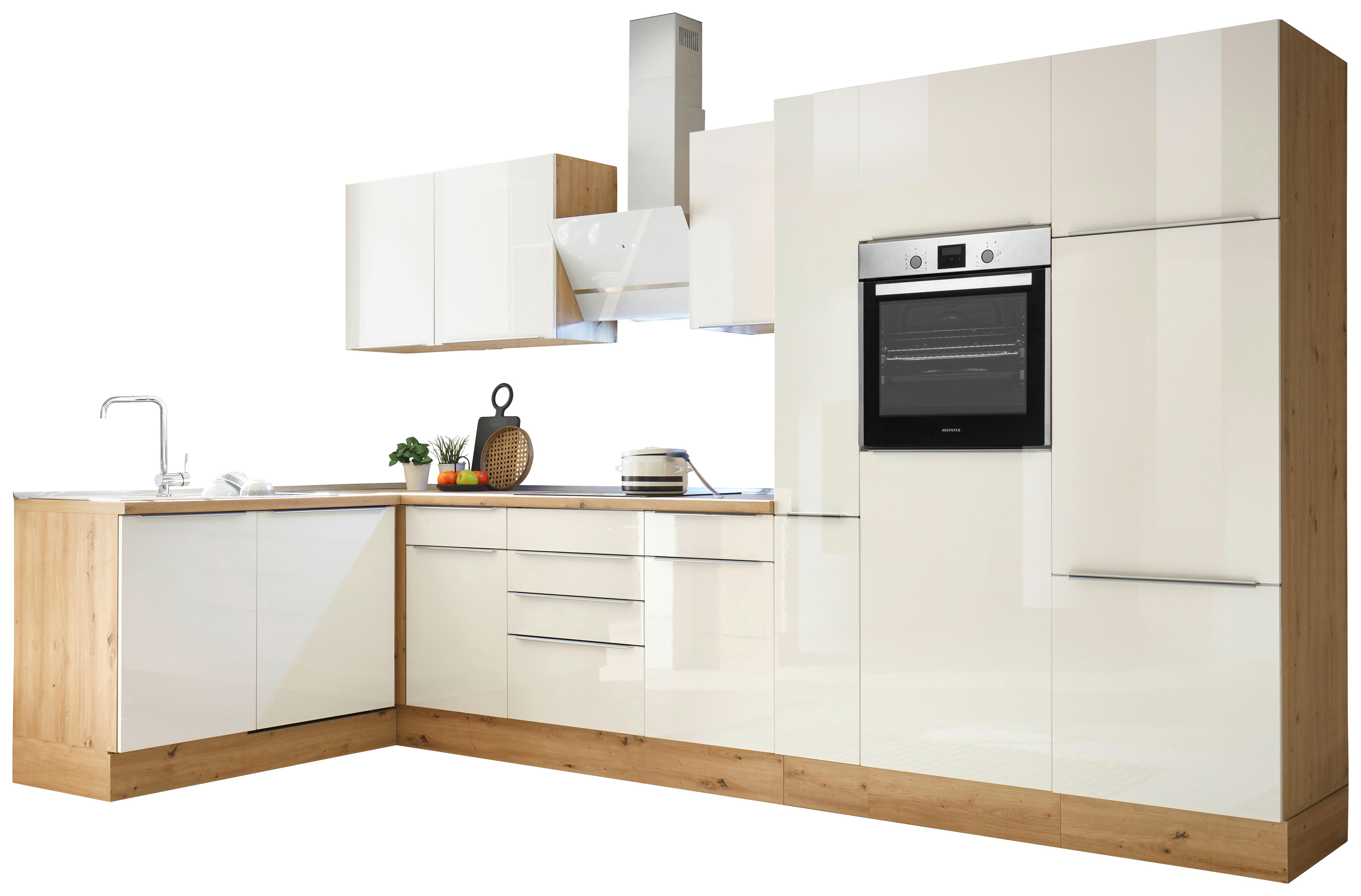 Eckküche Marleen mit Geräten Weiß Hochgl/Eiche ca.370x170cm - Weiß Hochglanz/Alufarben, LIFESTYLE, Holzwerkstoff/Kunststoff (170/370cm) - Respekta