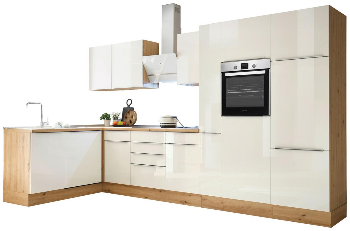 Eckküche Marleen mit Geräten Weiß Hochgl/Eiche ca.370x170cm - Weiß Hochglanz/Alufarben, LIFESTYLE, Holzwerkstoff/Kunststoff (170/370cm) - Respekta
