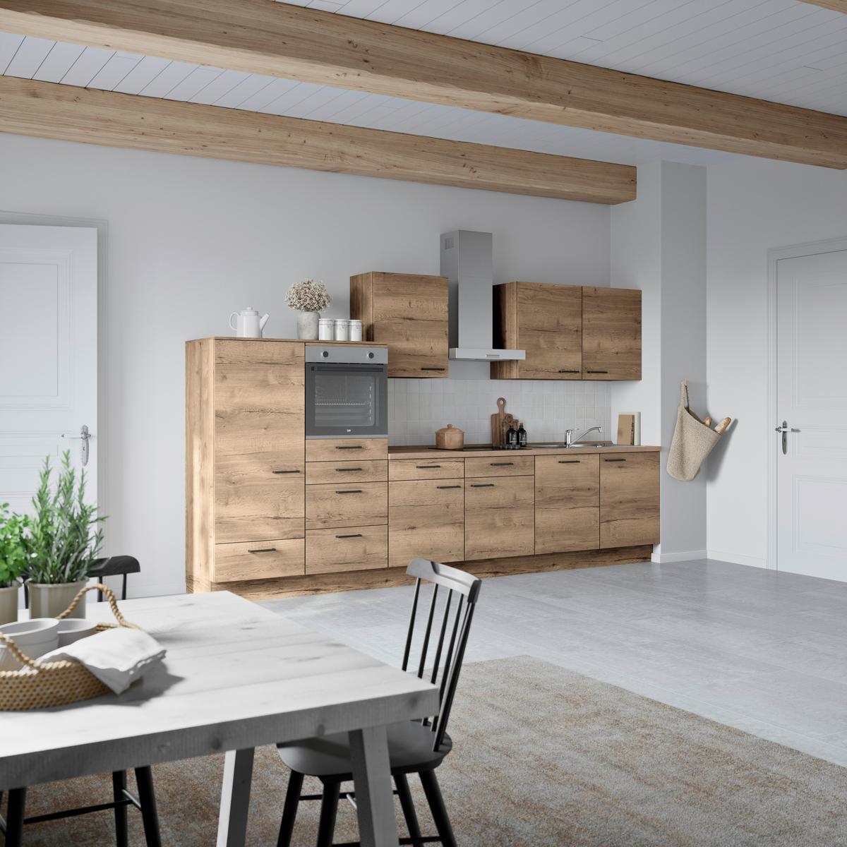 Küchenblock Structura Low m. Geräten Eiche dunkel - Eiche dunkel/Eichefarben, MODERN, Holzwerkstoff/Metall (360cm) - Nobilia