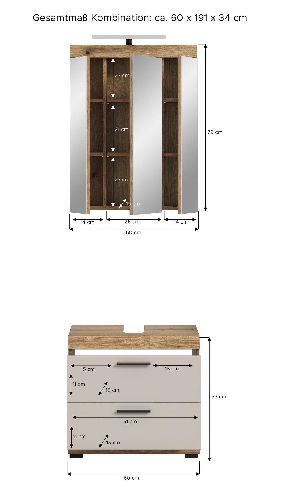 Badezimmer Scout 2-tlg. mit LED ca. 60 cm Kaschmir - Kaschmir/Schwarz, MODERN, Glas/Holzwerkstoff (60cm) - MID.YOU