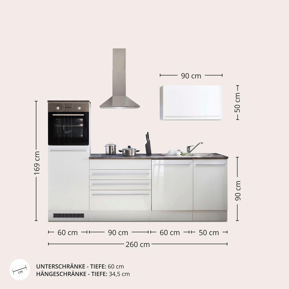 Küchenblock Jazz mit Geräten ca. 260 cm Weiß - Anthrazit/Silberfarben, LIFESTYLE, Holzwerkstoff/Kunststoff (260cm) - P & B