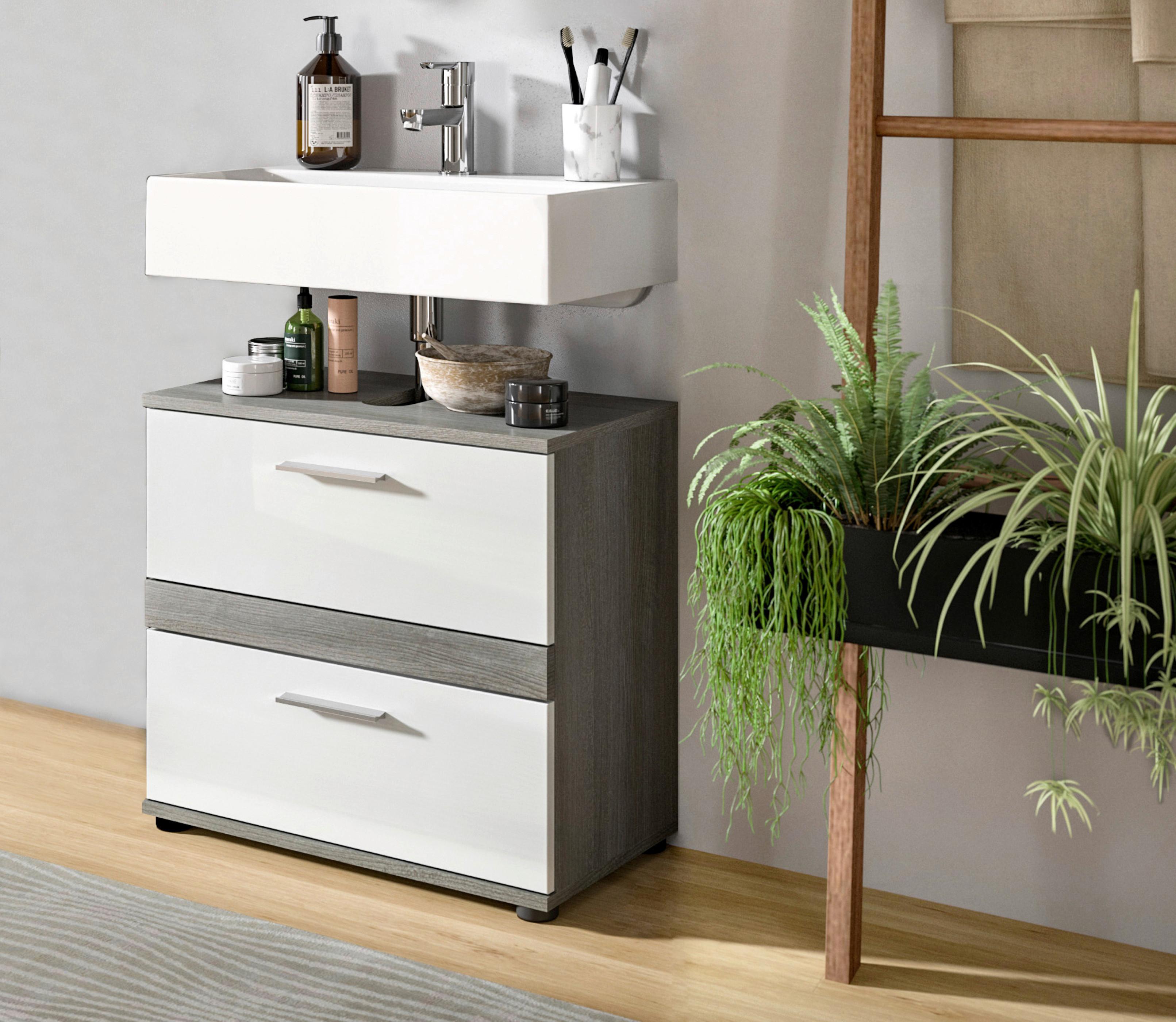 Waschbeckenunterschrank Blake ca. 60x57 cm Rauchsilber/Weiß - Weiß Hochglanz/Silberfarben, MODERN, Holzwerkstoff/Kunststoff (60/57/34cm) - MID.YOU
