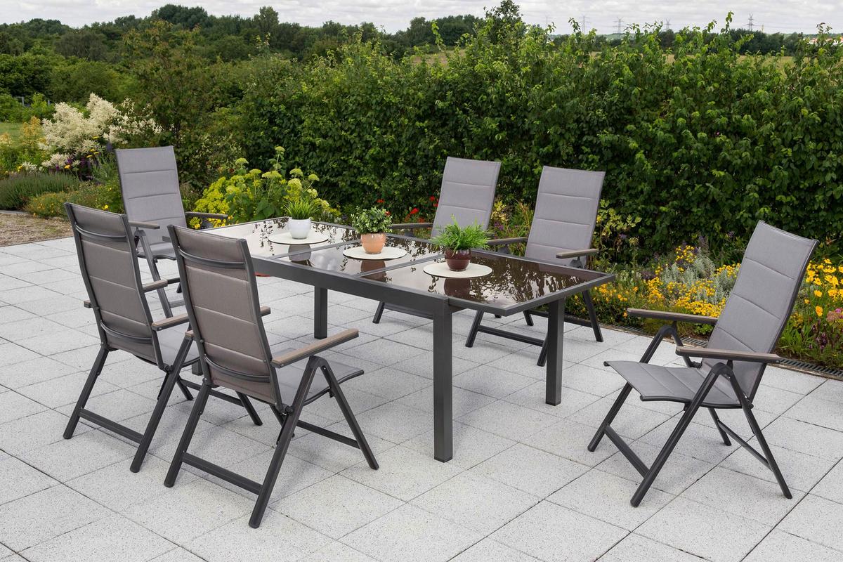 Gartentischgruppe Trivero 7-tlg. Graphitfarben/Braun - Graphitfarben/Braun, KONVENTIONELL, Glas/Kunststoff - Gardenson