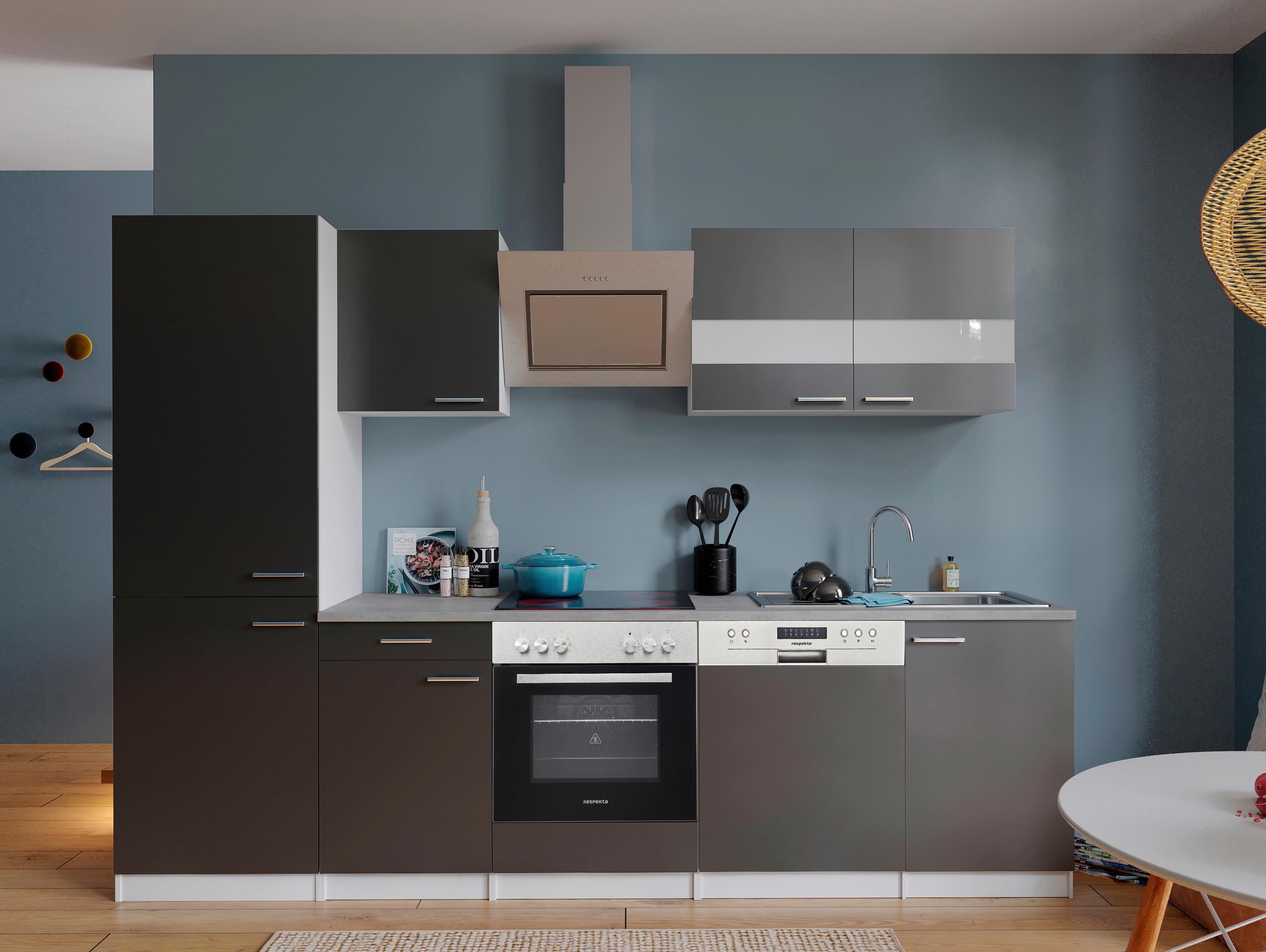 Küchenblock Malia mit Geräten ca. 280 cm Grau - Edelstahlfarben/Graphitfarben, Basics, Holzwerkstoff/Metall (280cm) - Respekta