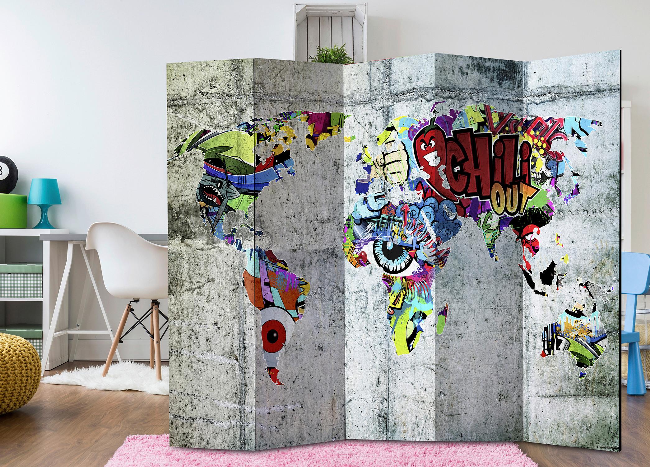 Paravent Graffiti World Multicolor - Multicolor, Basics, Holz/Textil (225/172/3cm) - artgeist
