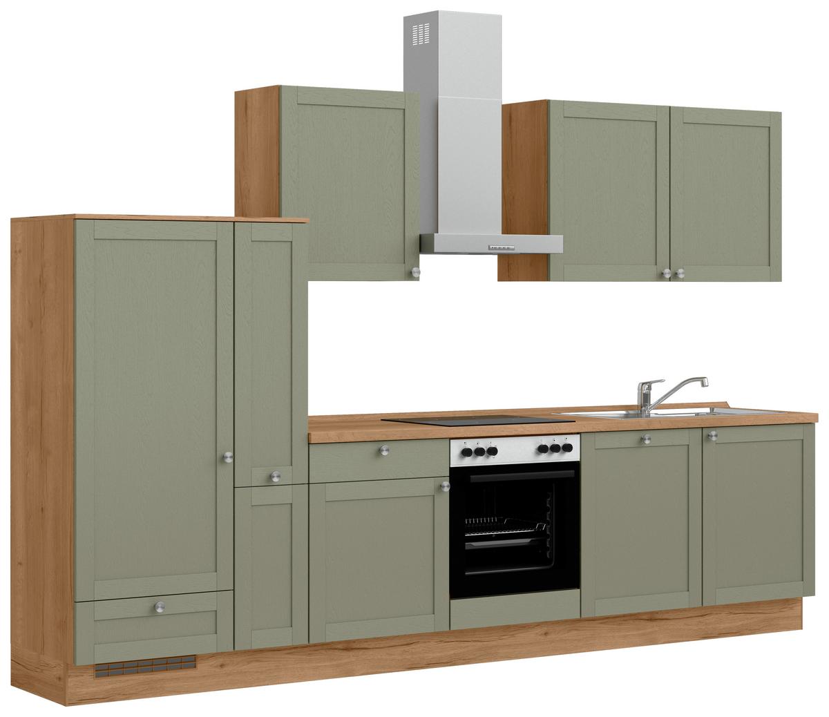 Küchenleerblock Frame Low o. Geräte Olivgrün - Edelstahlfarben/Eichefarben, MODERN, Holzwerkstoff/Metall (330cm) - Nobilia