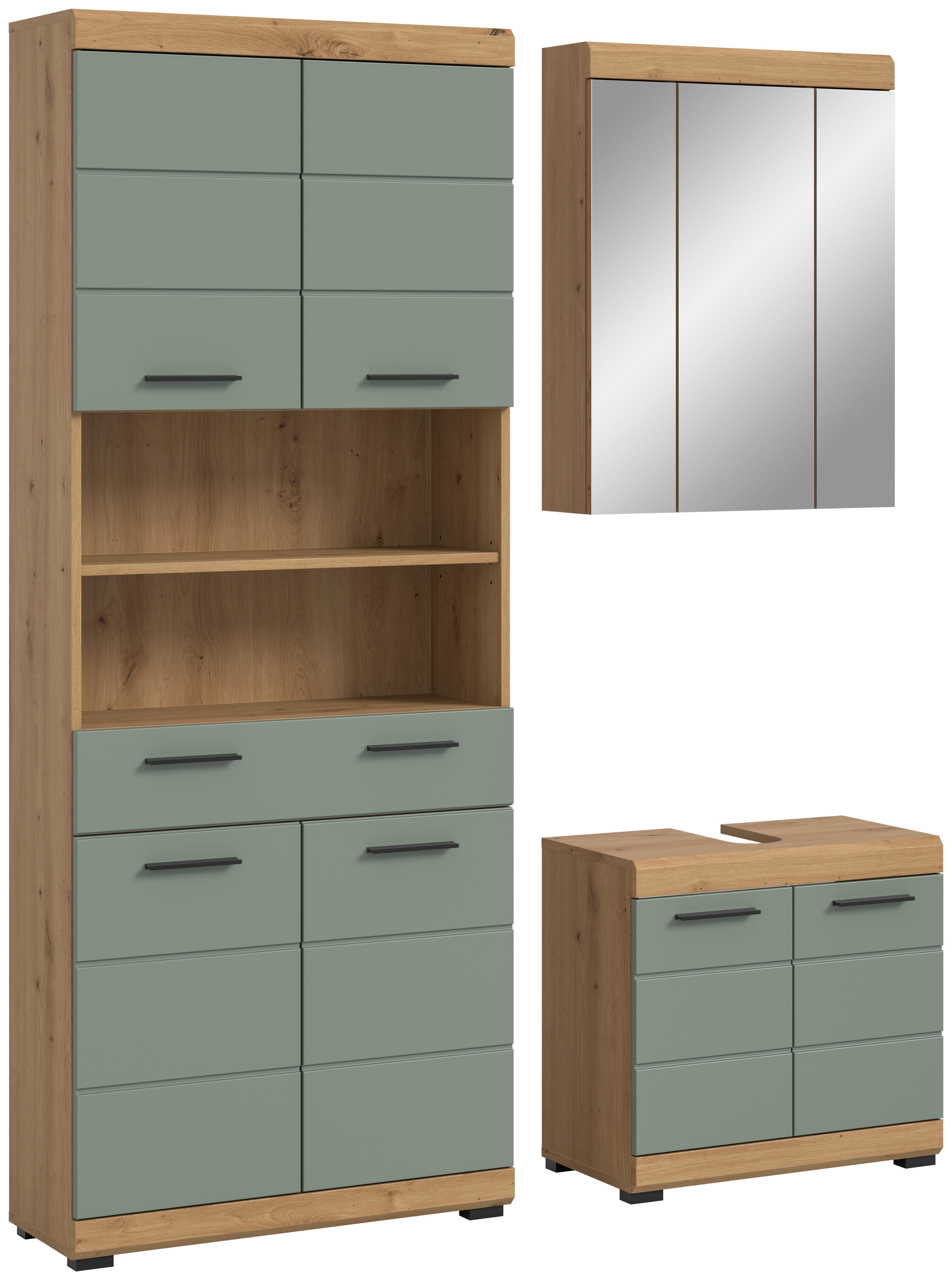 Badezimmer Scout 3-tlg. ca. 134 cm Salbeigrün - Schwarz, MODERN, Holzwerkstoff/Kunststoff (134cm) - MID.YOU