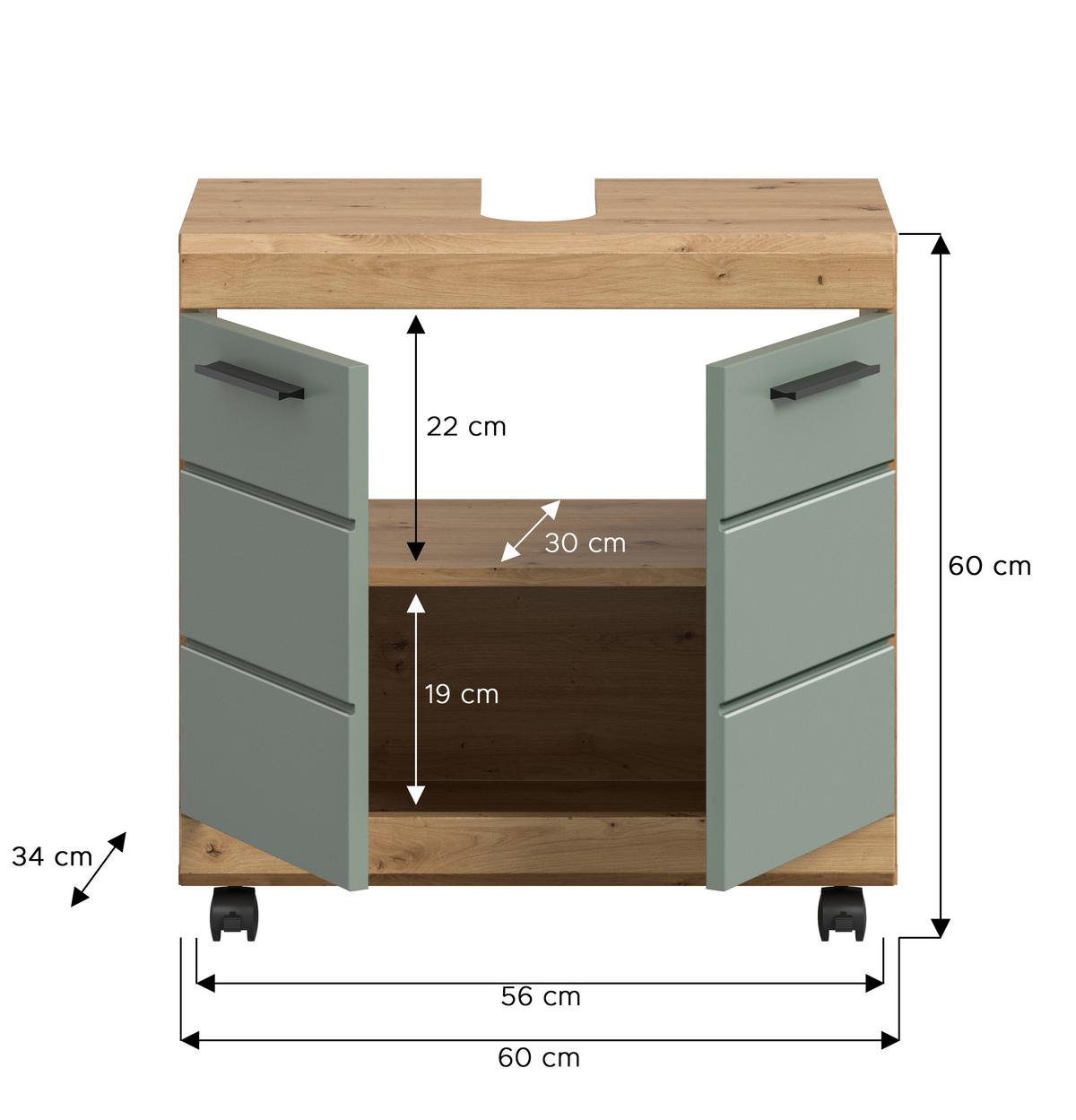 Waschbeckenunterschrank Scout Salbeigrün/Eiche Artisan - Salbeigrün/Schwarz, Trend, Holzwerkstoff/Kunststoff (60/60/34cm) - MID.YOU