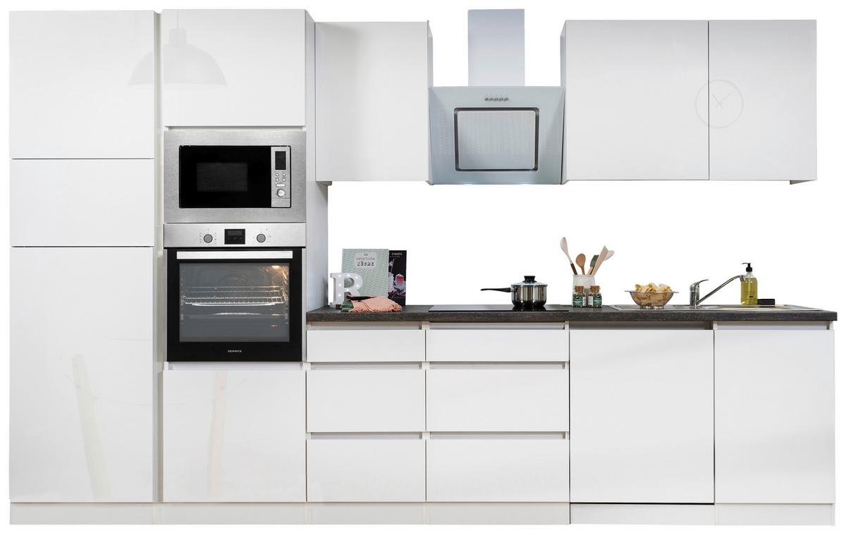 Küchenblock Lorena mit Geräten ca. 345 cm Weiß Hochglanz - Weiß Hochglanz/Graphitfarben, Basics, Holzwerkstoff (345cm) - Respekta