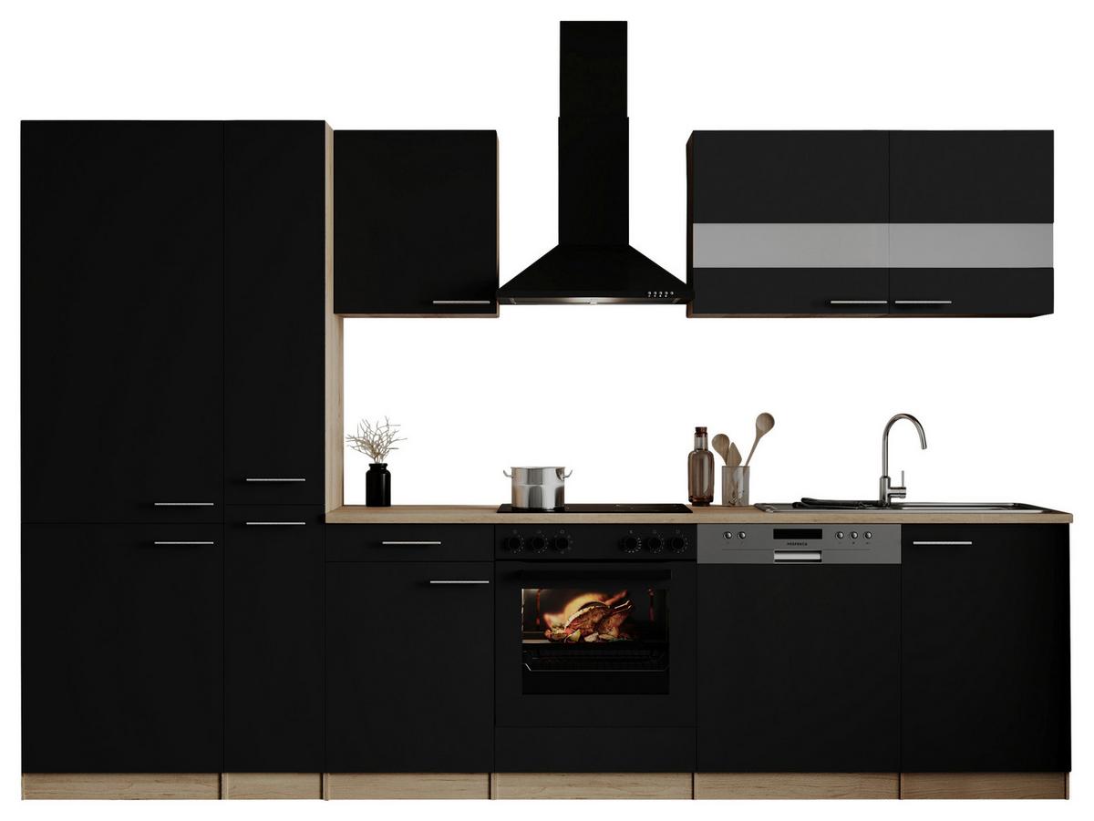 Küchenblock Merle m. Geräten Schwarz - Edelstahlfarben/Eichefarben, Basics, Holzwerkstoff/Metall (310cm) - Respekta