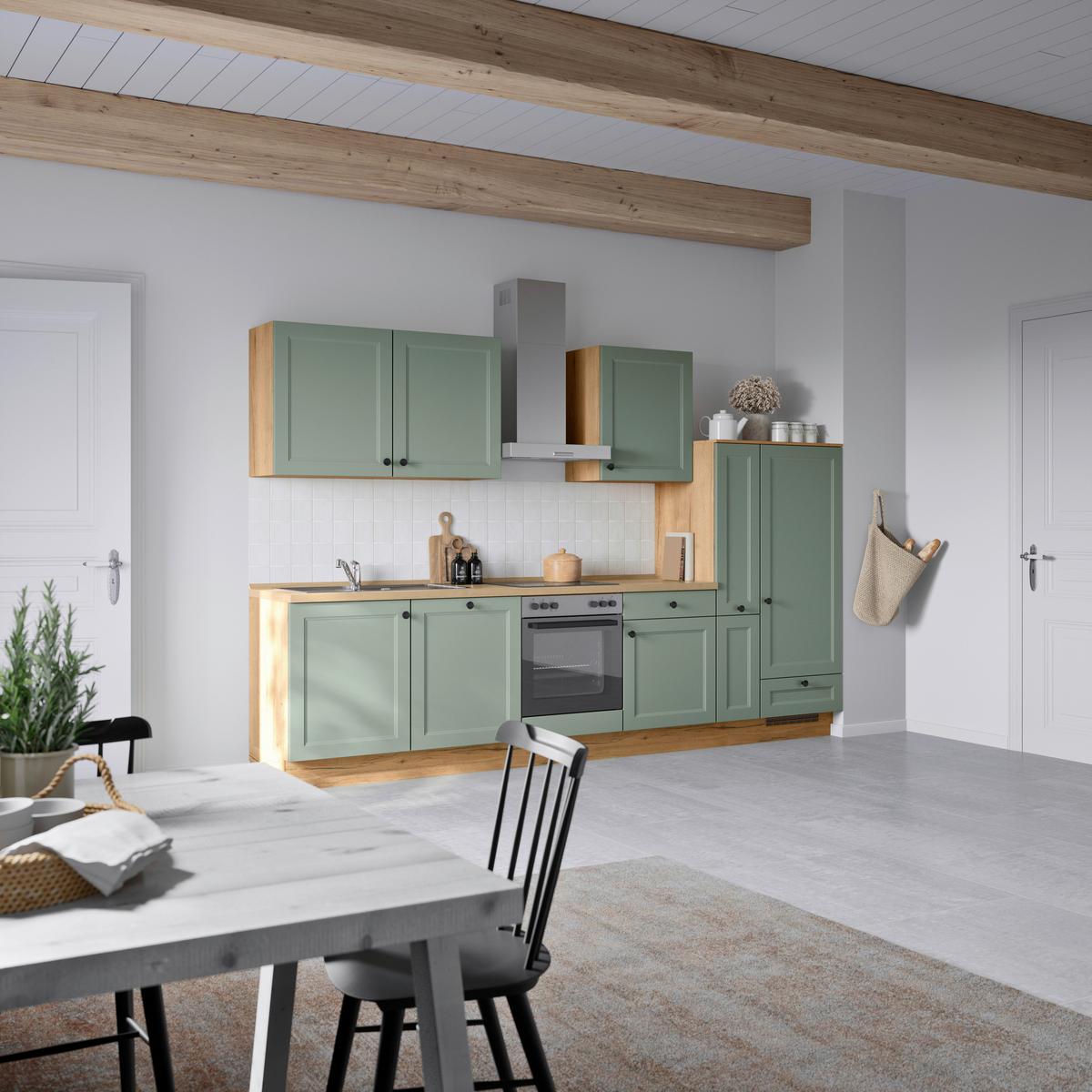 Küchenblock Cascada Low m. Geräten Schilfgrün - Schilfgrün/Eichefarben, MODERN, Holzwerkstoff/Metall (330cm) - Nobilia