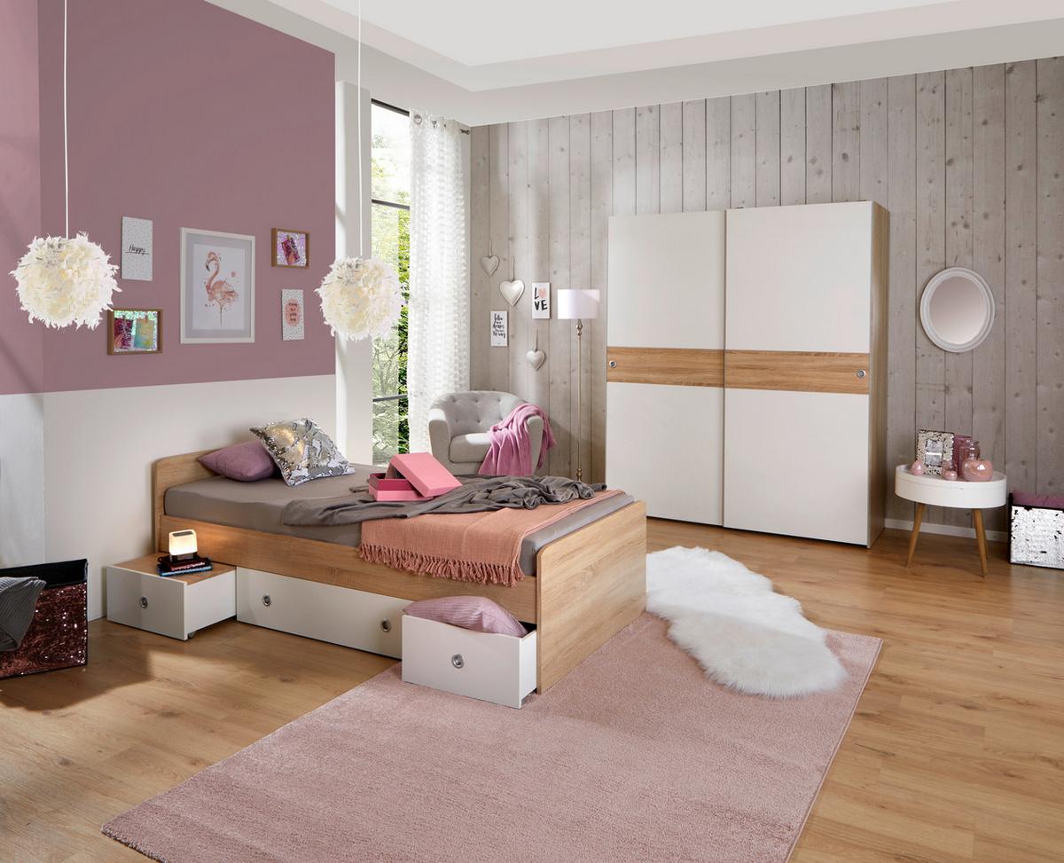 Postelja Wiki, Bela, Barva Hrasta, S Predali, 90x200 - bela/hrast sonoma, Konvencionalno, leseni material (204/66/95cm)