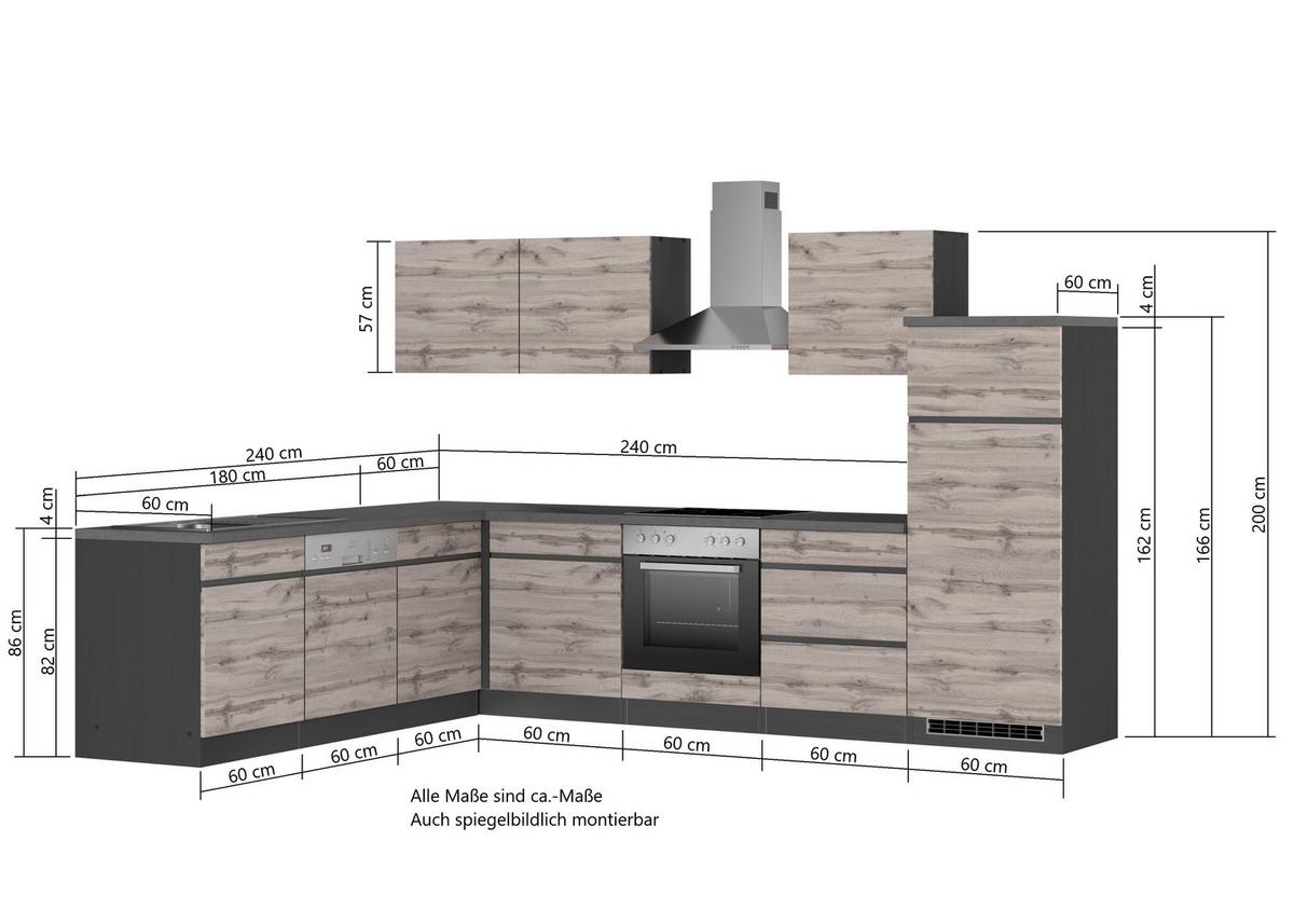 Eckküche Turin mit Geräten ca. 240x300 cm Grau/Eiche - Eiche Wotan/Grau, Design, Holzwerkstoff (240/300cm) - Held