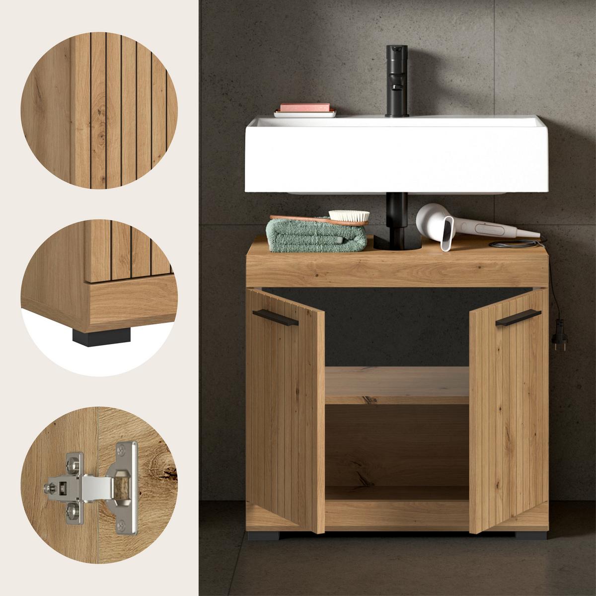 Waschbeckenunterschrank Scout Eiche Artisan - Schwarz/Eiche Artisan, Trend, Holzwerkstoff/Kunststoff (60/56/34cm) - MID.YOU