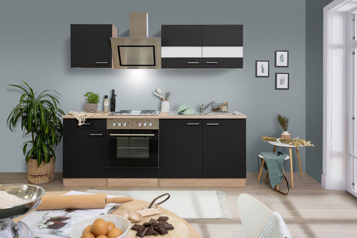 Küchenblock Merle mit Geräten ca. 210 cm Schwarz - Edelstahlfarben/Eichefarben, Basics, Holzwerkstoff/Metall (210cm) - Respekta