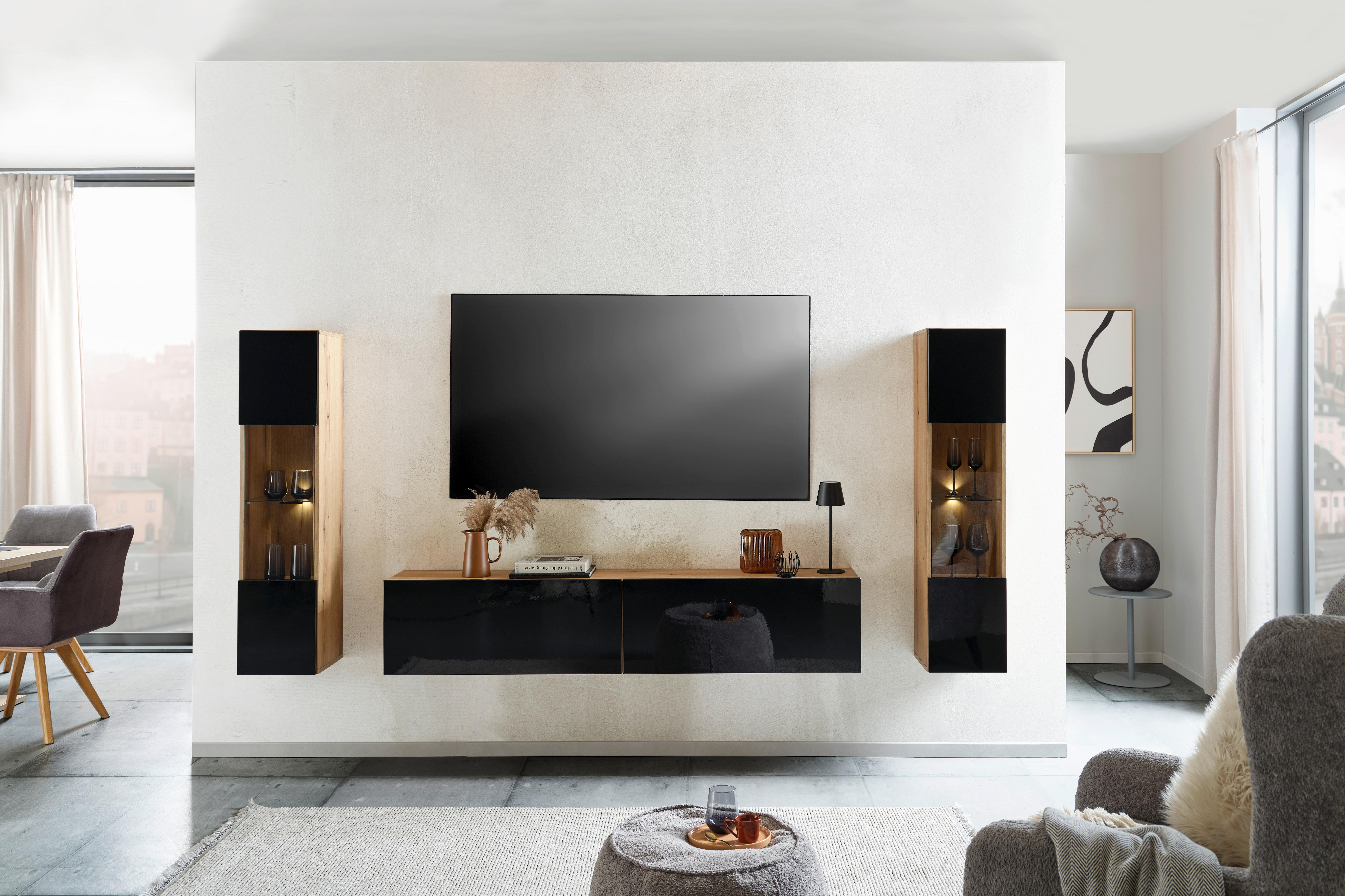 Tv Komoda Otis - boje hrasta/crna visoki sjaj, Moderno, drvni materijal/plastika (180/37/31,6cm) - Modern Living