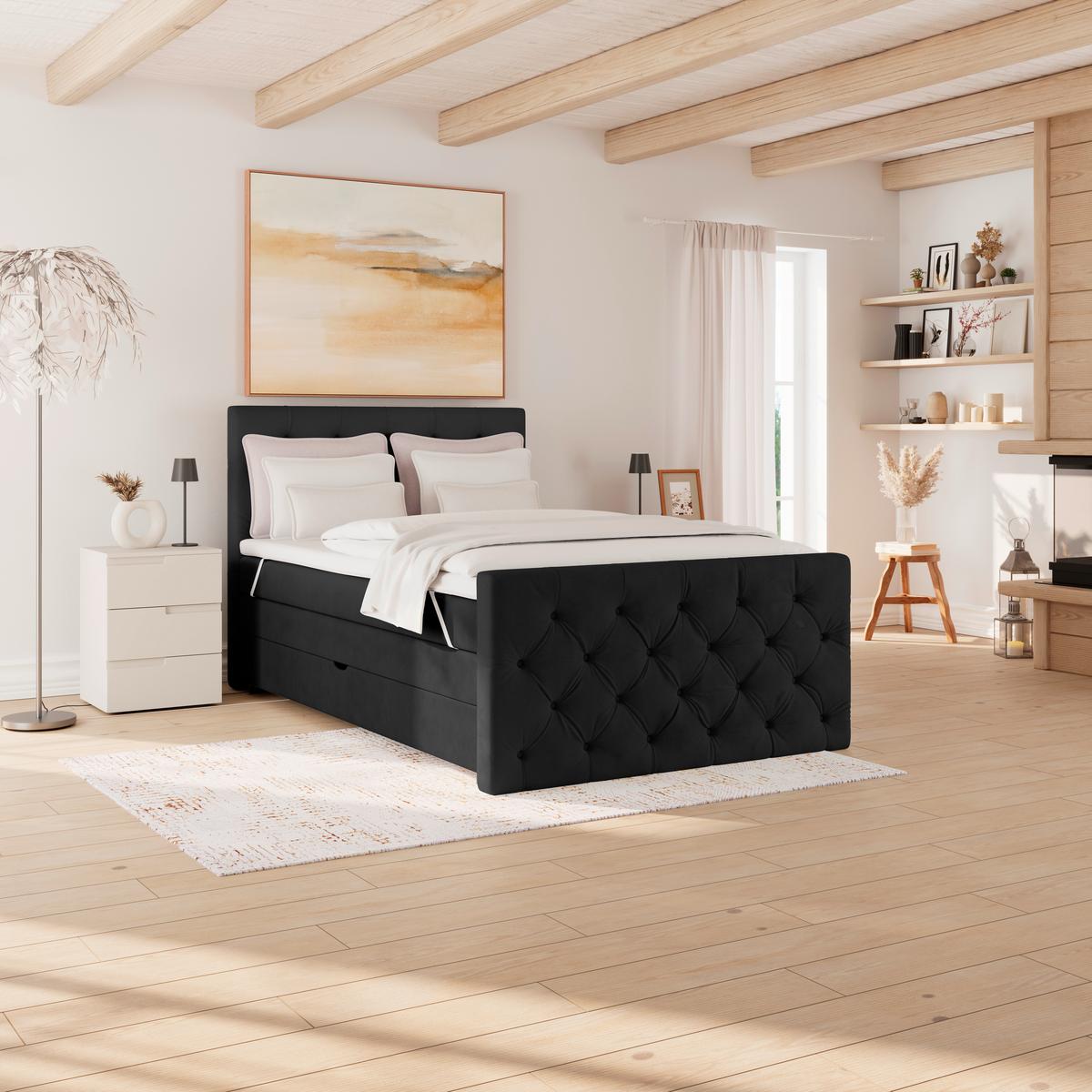 Boxspring Krevet Elio - bež/crna, Romantično / ladanjski, tekstil/plastika (140/200cm) - Modern Living