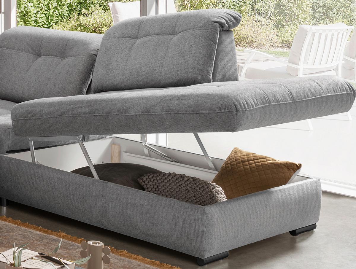 Wohnlandschaft Rigatti Silber Chenille mit Bettkasten - Silberfarben/Schwarz, MODERN, Textil/Metall (184/387/252cm) - Livetastic