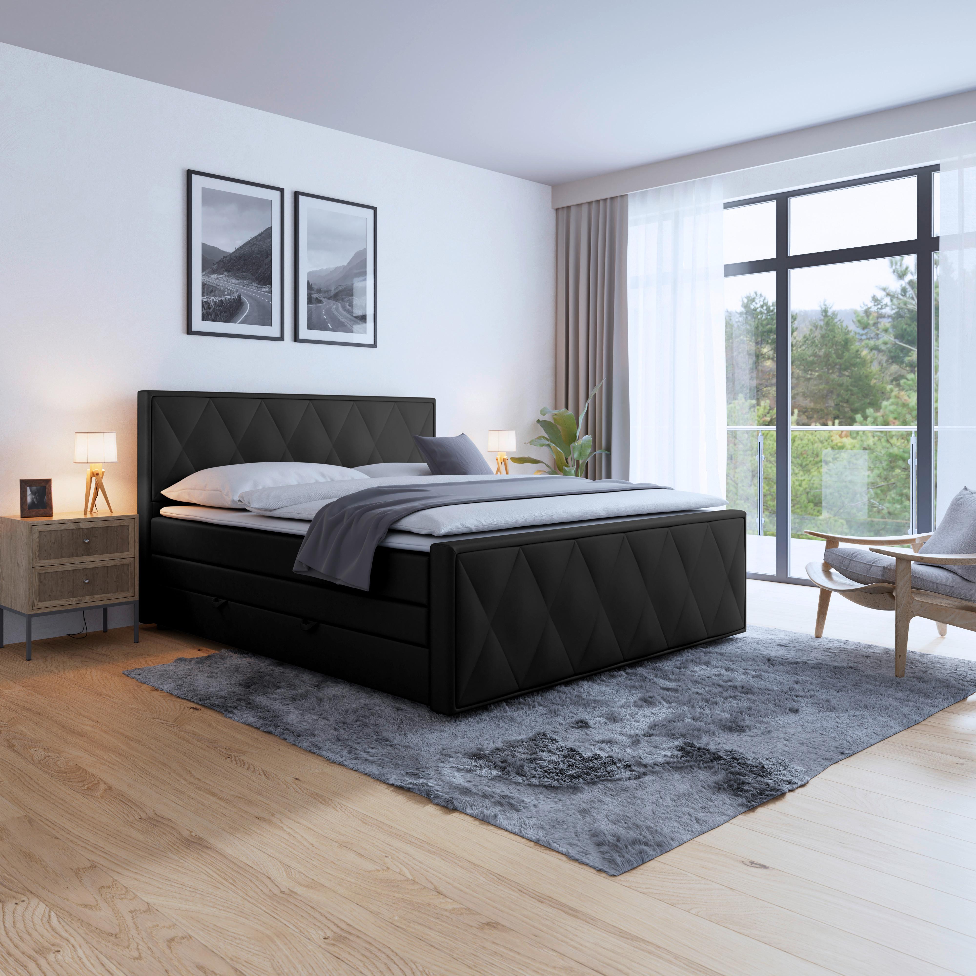 Boxspringbett Porto ca. 180x200 cm Schwarz - Schwarz, MODERN, Holzwerkstoff/Kunststoff (180/200cm) - MID.YOU