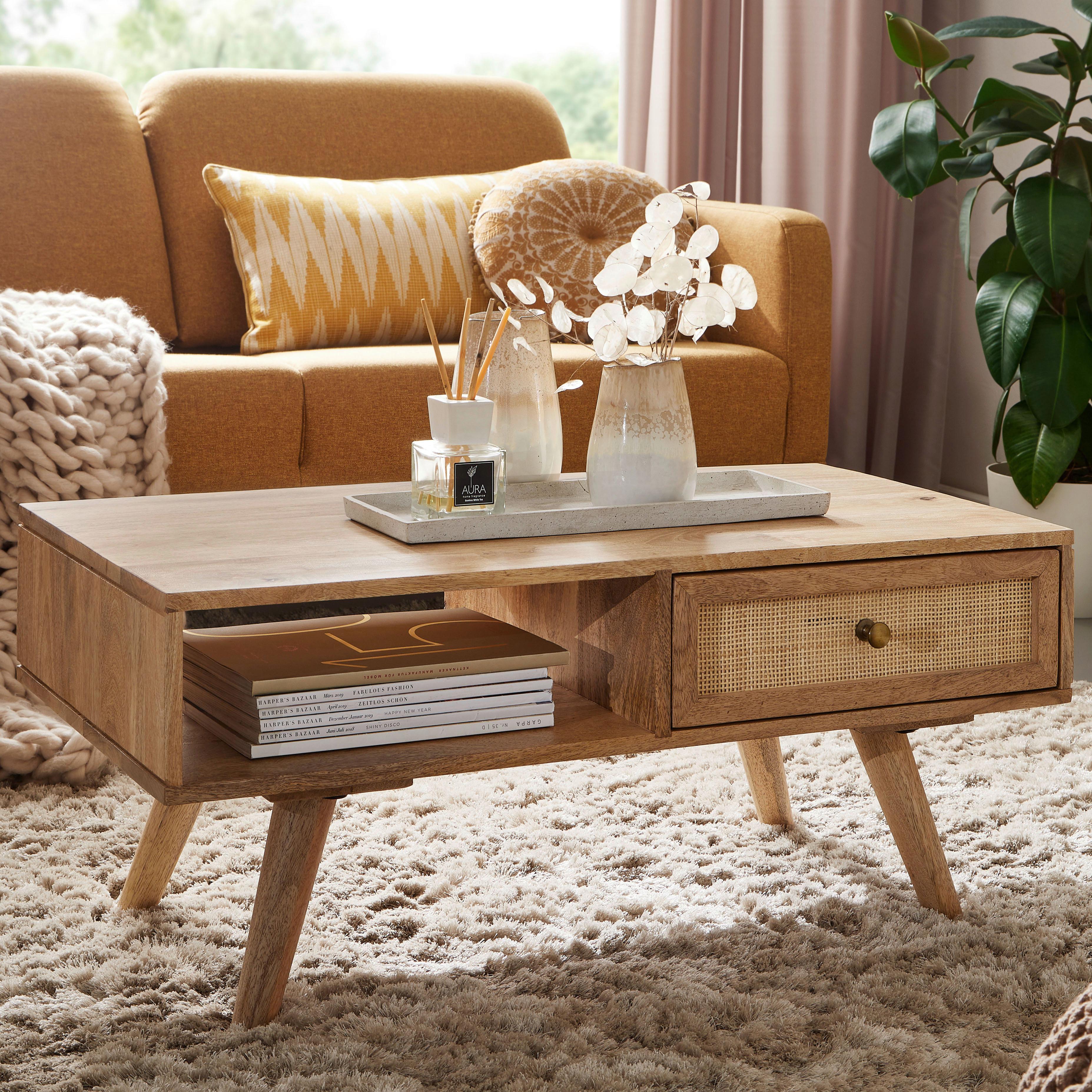 Couchtisch Holz massiv mit Stauraum, Lade - Goldfarben/Naturfarben, KONVENTIONELL, Holz/Metall (90/45/40cm) - MID.YOU