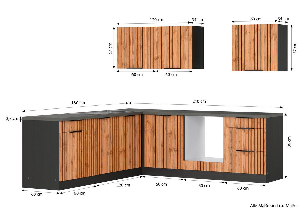 Eckküche Liverpool o. Geräte ca. 240x240cm Graphit/Eiche - Schieferfarben/Eiche Wotan, Basics, Holzwerkstoff/Metall (240/240cm) - Held